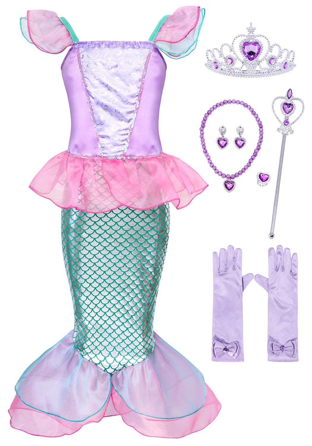 HenzWorld Little Mermaid Princess Dress for Girls - Sparkly Mermaid Costume with Jewel Accessories for Birthday Party, Halloween, Dress Up & Role Play