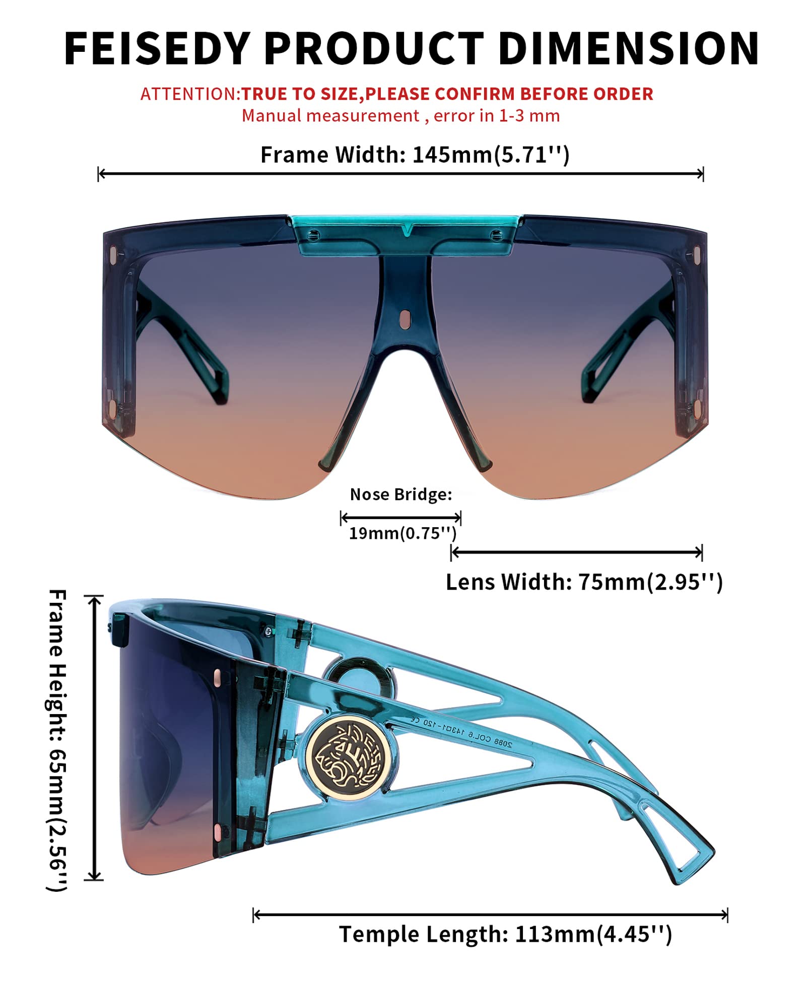 FEISEDY One Piece Oversized Sunglasses for Men & Women - UV Protection Big Frame Wrap Around Shield Sunglasses for Cycling, Driving, Beach & Vacation (B4027) | Perfect for Outdoor Sports, Travel & Fashion Accessories