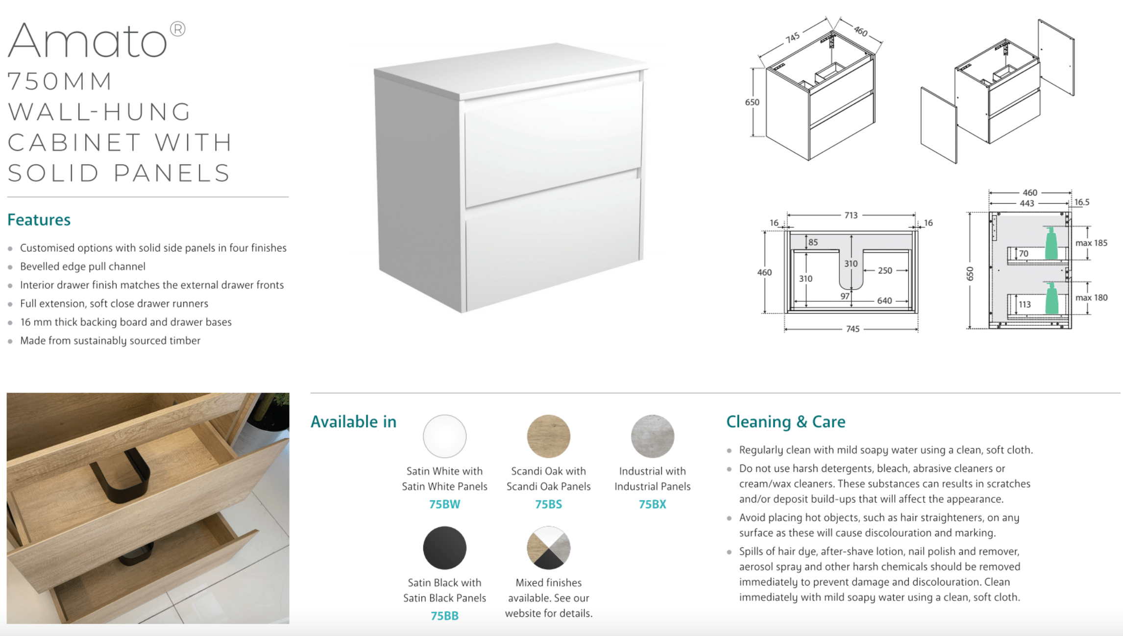 Fienza 75BSW Amato 750 Wall Mounted Bathroom Vanity Cabinet - Satin White Finish with Scandinavian Oak Accents - Modern Floating Storage for Small Bathrooms & Powder Rooms