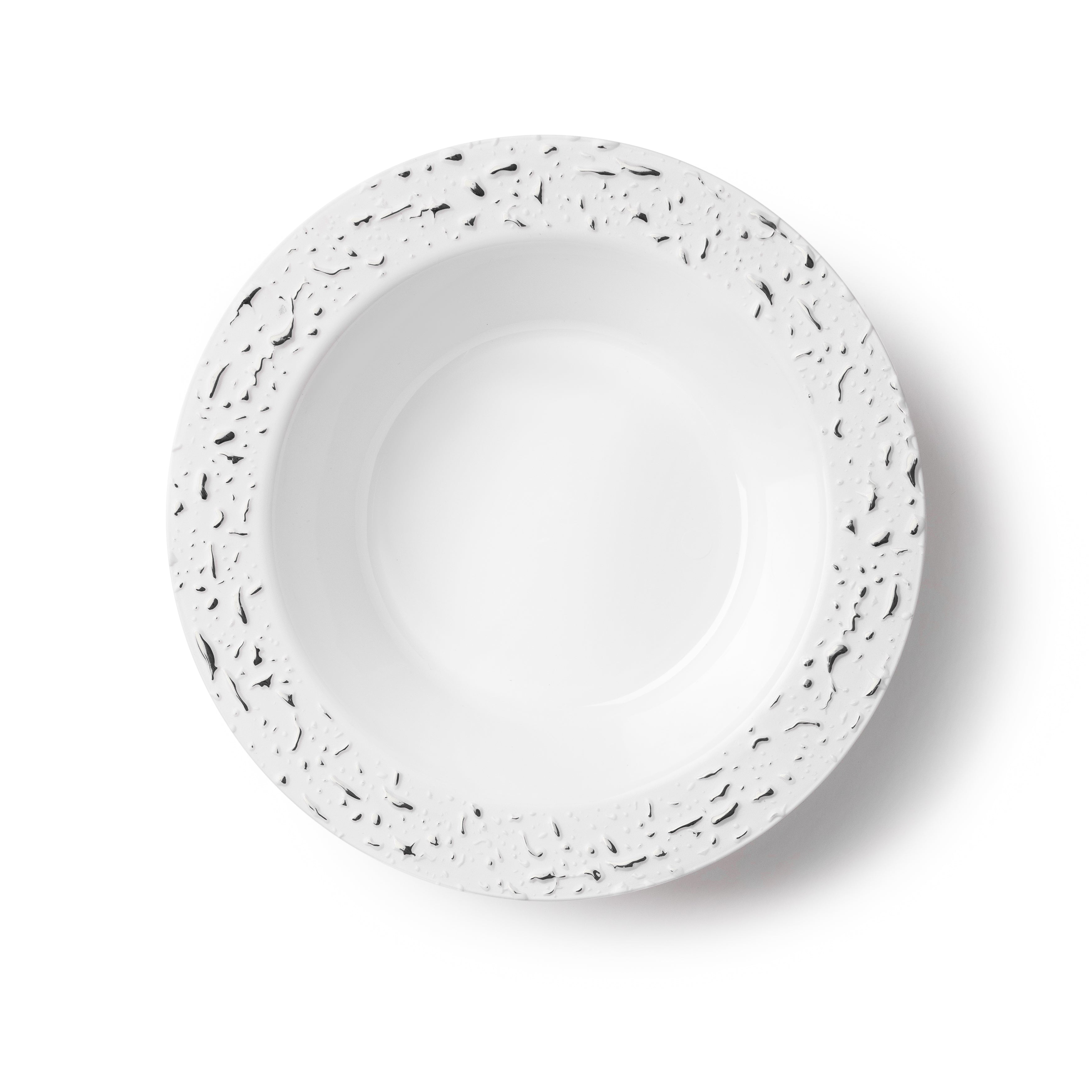 32-Pack White and Silver Round Plastic Soup/Dessert Plates Set for 16 Guests - Elegant Pebbled Texture - Perfect for Parties, Weddings, and Catering Events