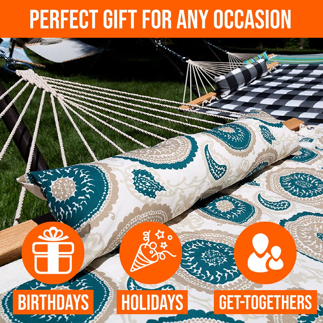 Space Saving Quilted Hammock with Stand & Pillow Set - Portable Outdoor Hammock for Patio, Backyard, Balcony, Camping - Compact Apartment Hammock Designed in USA - Medallion Pattern