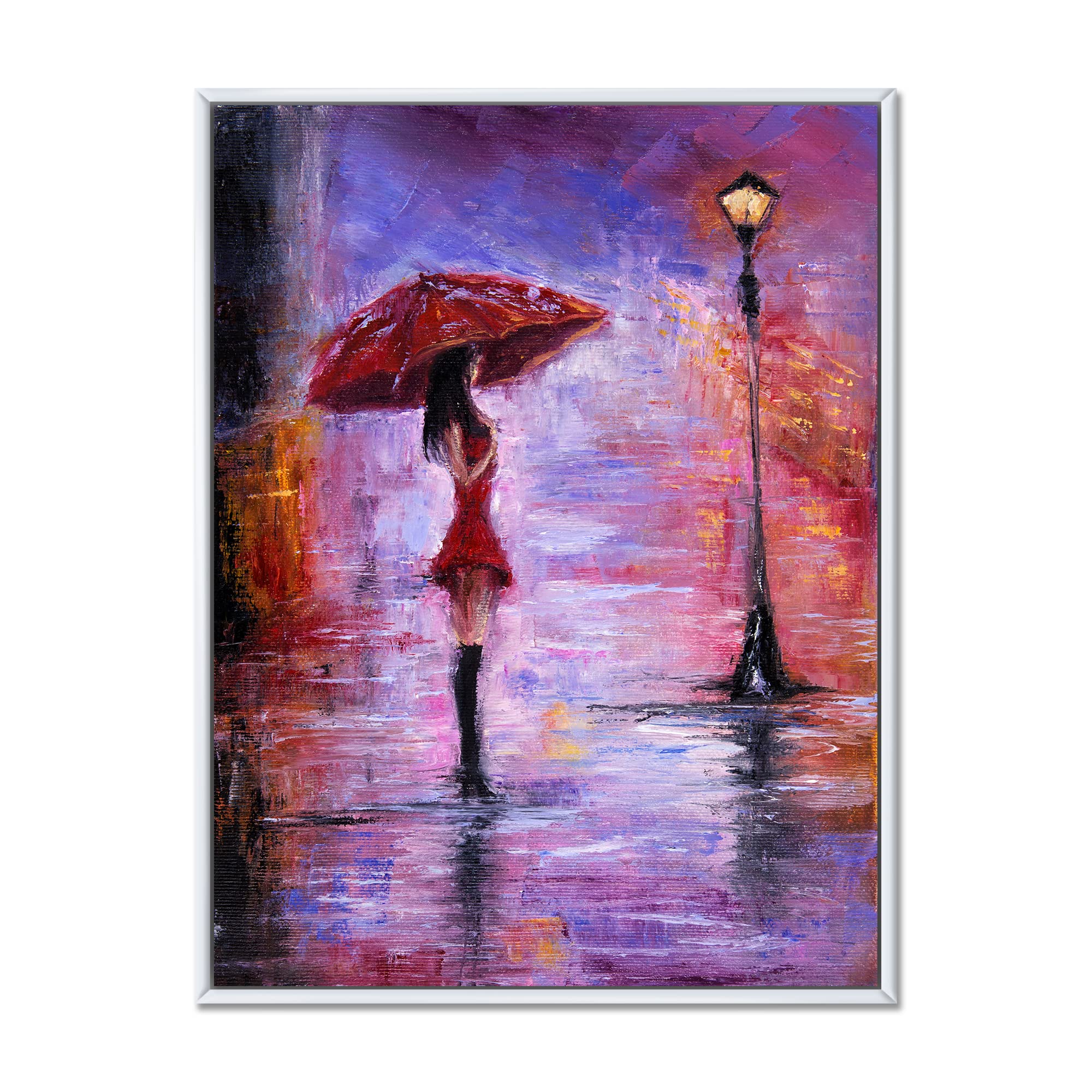 French Country Framed Canvas Wall Art Print - Woman with Umbrella Walking in Rain - Perfect for Living Room, Bedroom & Office Decor