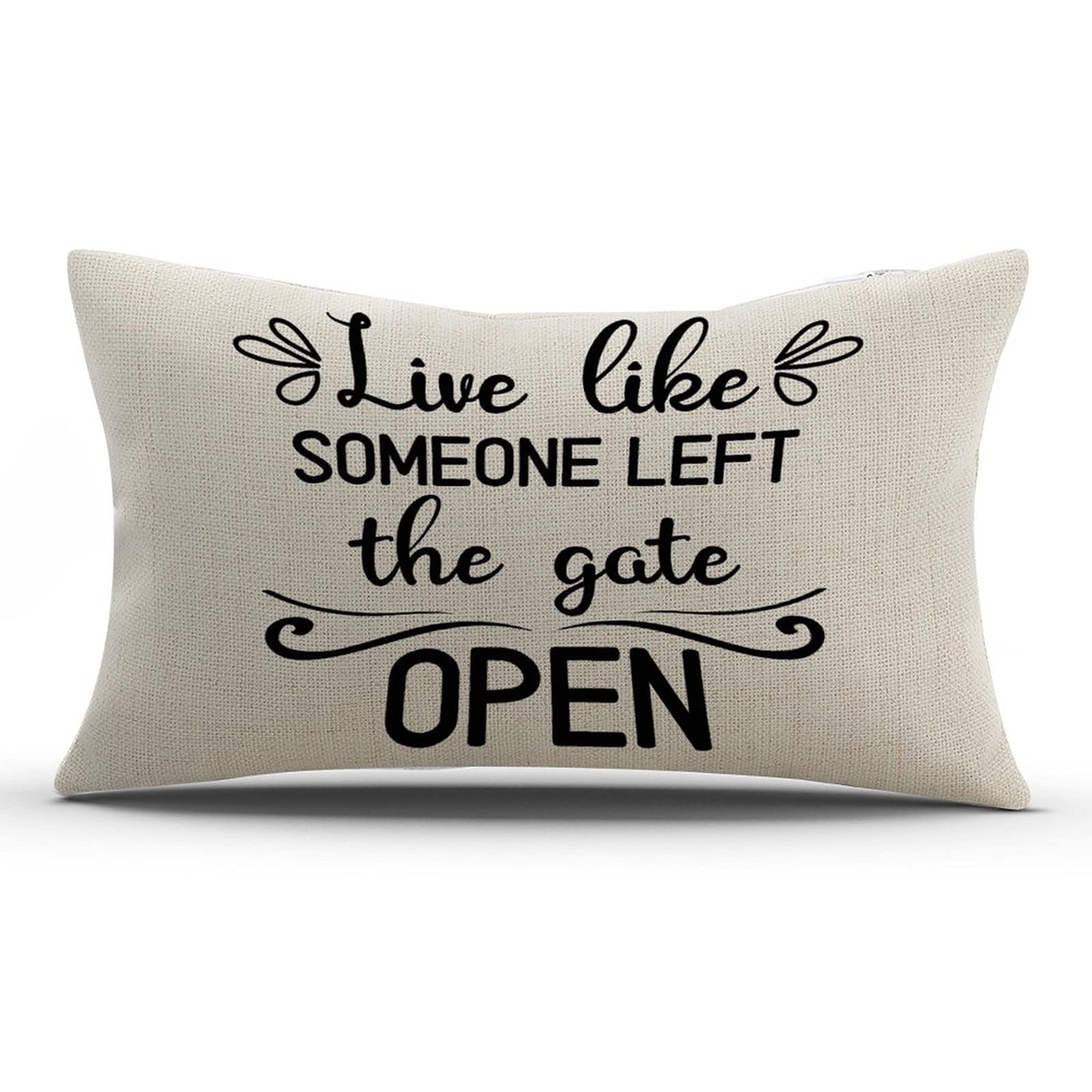 Farmhouse Lumbar Pillow Covers - Live Like Someone Left The Gate Open Quote Cotton Pillow Cases for Office, Desk, Chair, Couch & Car Decor - Perfect for Home, Office & Travel Comfort