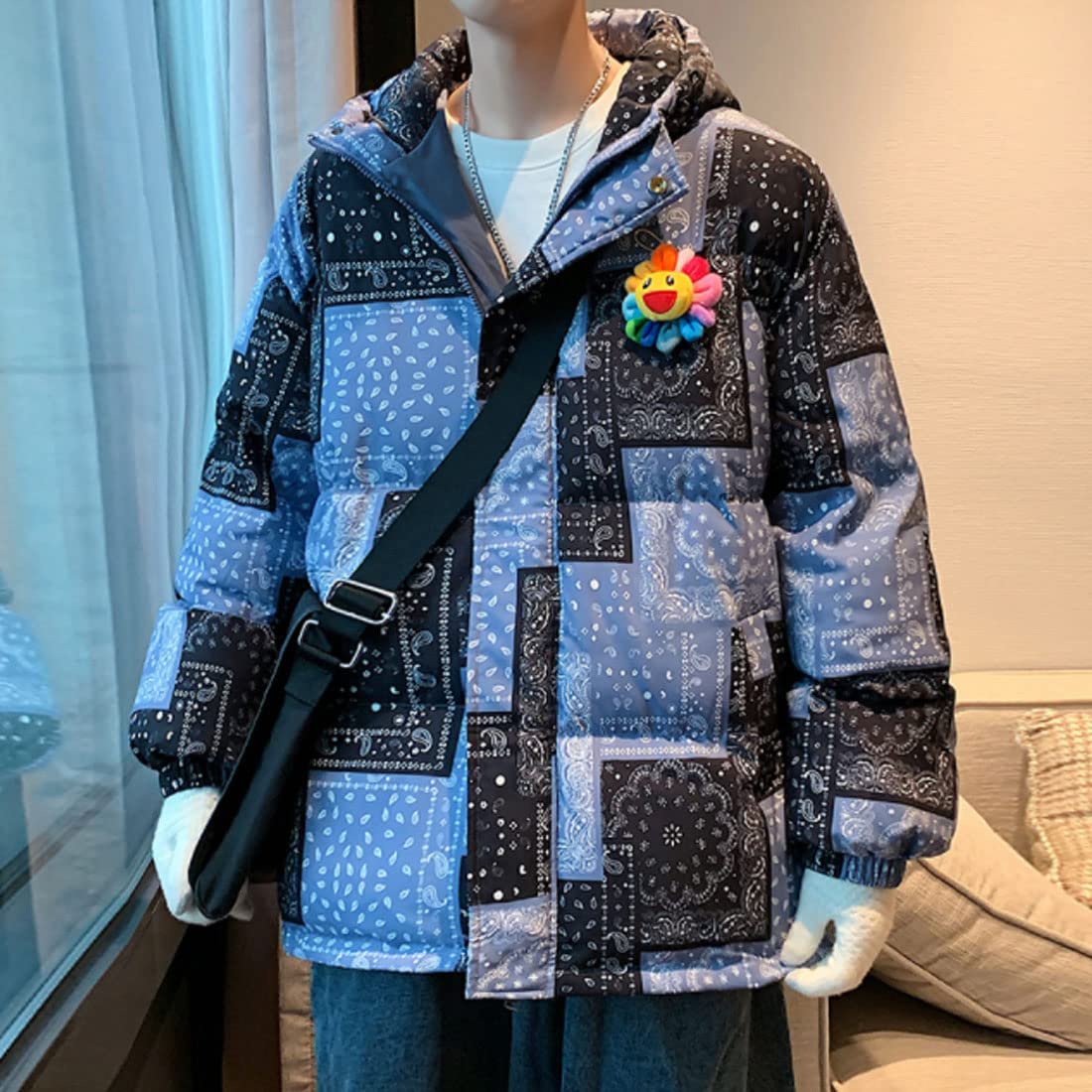 HZCX FASHION Men's Quilted Puffer Jacket with Hood - Winter Warm Printed Bubble Coat for Outdoor Activities, Snow Sports & Casual Wear