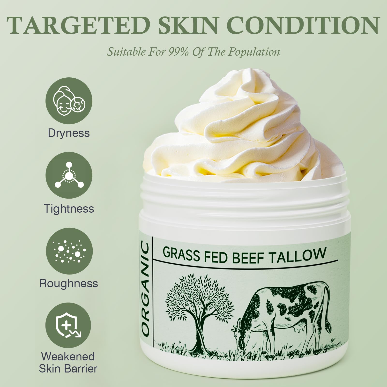 Grass-Fed Whipped Beef Tallow Balm - Unscented Face Moisturizer & Body Lotion for Dry Skin | Nourishing, Soothing Skin Care | Perfect for Daily Hydration, Eczema Relief & Natural Skincare Routine