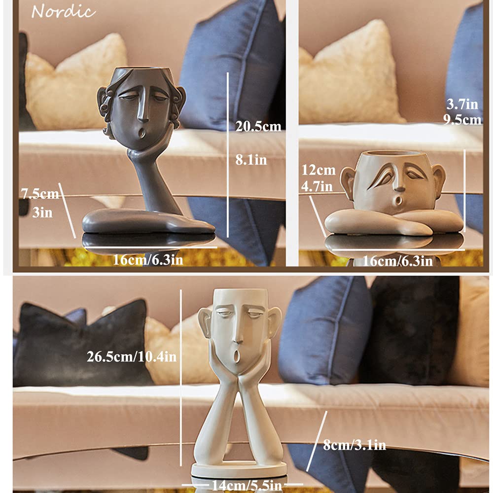 3-Piece Ceramic Face Vase Set - Unique Bust Head Shaped Flower Pots, Goblin Statue Planters for Succulents & Small Plants - Modern Home & Office Decor for Living Room, Bedroom, or Gift Giving