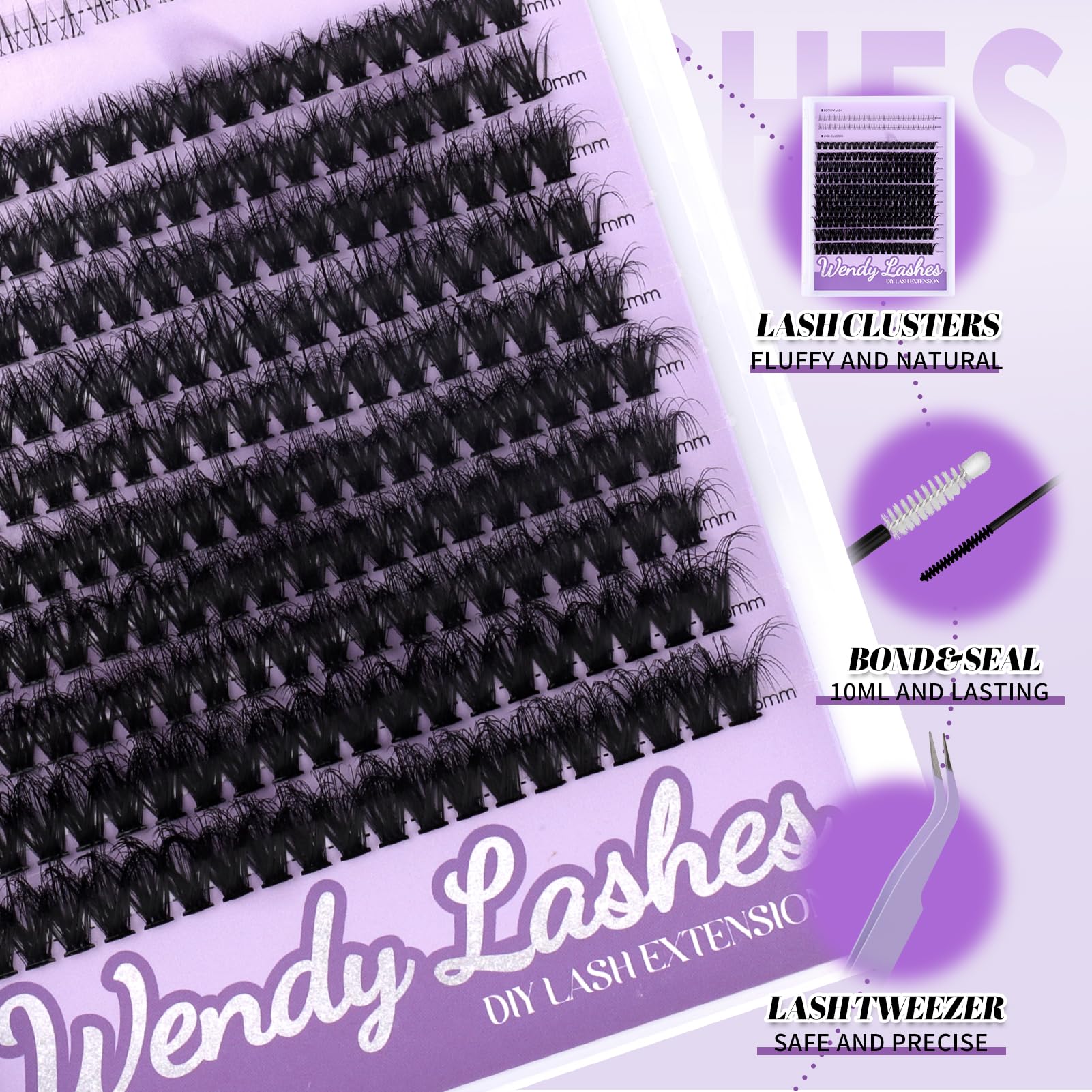 WENDY DIY Eyelash Extension Kit - 3D Volume 50D Cluster Lashes with Bottom Lashes, Bond & Seal, Professional Tweezers | Wispy Soft Individual Lashes for Beginners (10-16mm) | Perfect for Daily Wear, Special Occasions & Professional Makeup