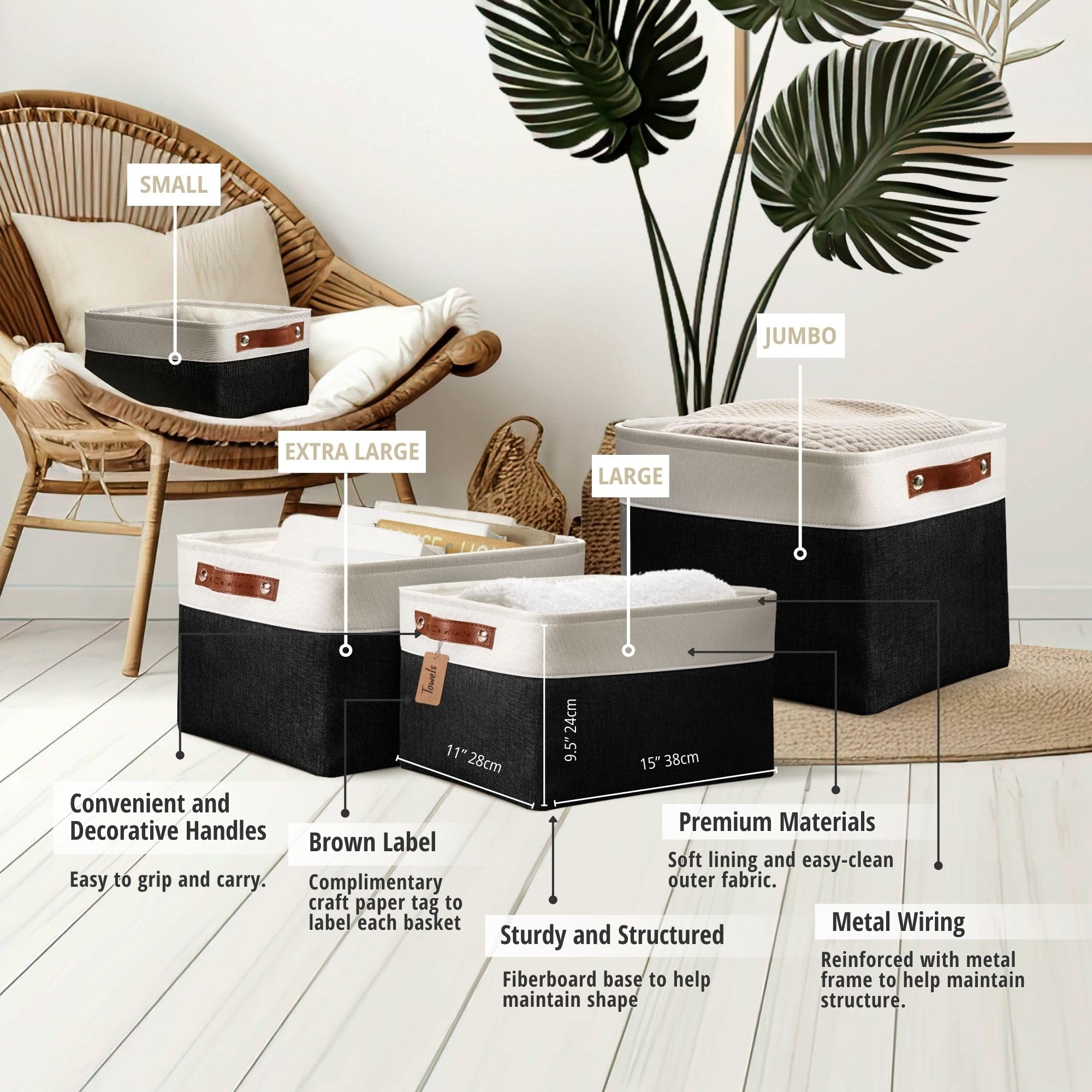 DECOMOMO Fabric Storage Bins - Large 3-Pack Black & White Closet Organizer Baskets for Shelves, Toys, Nursery & Home Organization - Perfect for Bedroom, Playroom & Closet Storage Solutions