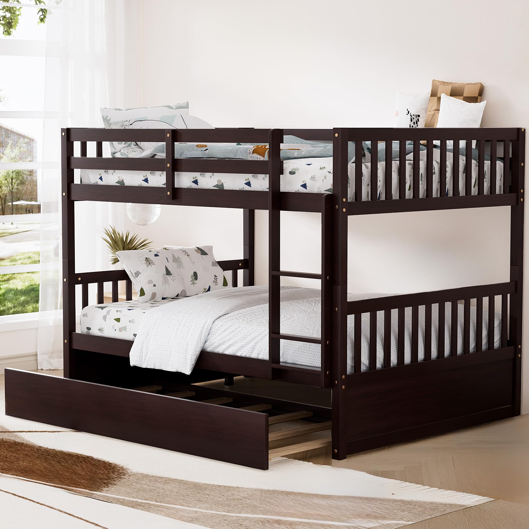 Rophefx Full Over Full Bunk Bed with Trundle - Convertible to 2 Full Size Bunk Beds, Solid Wood Construction with Safety Rails & Ladder - Space-Saving Bed for Adults, Teens & Kids - Perfect for Dorms, Guest Rooms & Small Apartments (Espresso Finish)