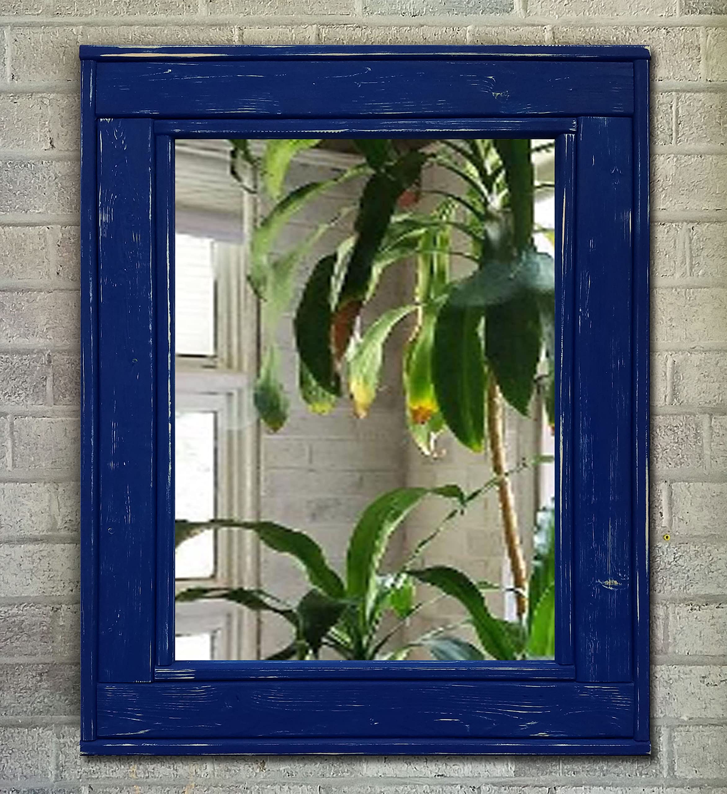 Herringbone Reclaimed Wood Framed Mirror - 5 Sizes & 20 Paint Colors (True Blue Shown) - Large Wall Mirror for Living Room, Bedroom & Entryway Decor - Rustic Home Decoration & Farmhouse Style Accent Mirror