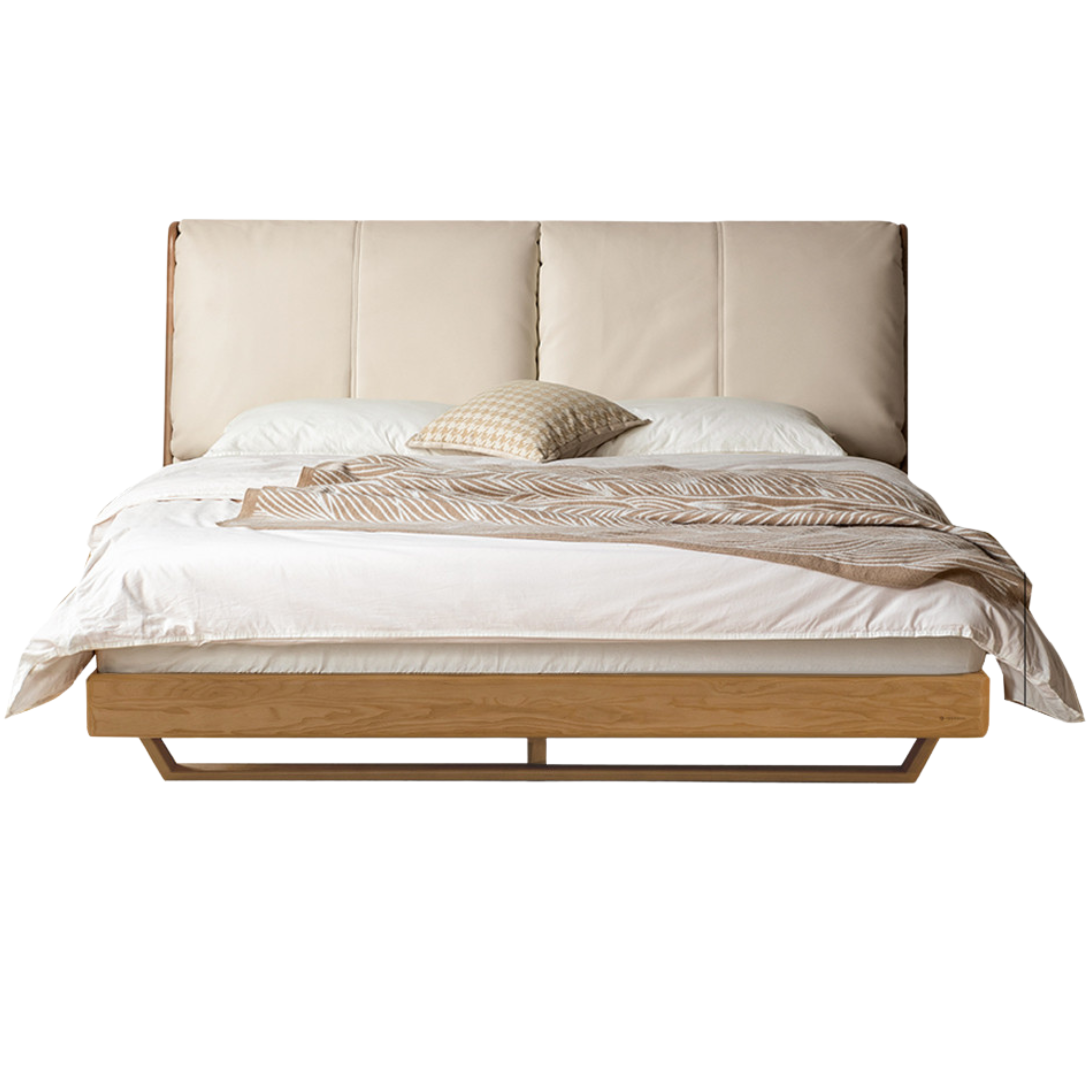 Italian Light Luxury Oak & Ash Solid Wood Leather Upholstered Suspended Bed - Elegant Master Bedroom Furniture for Modern Home Decor