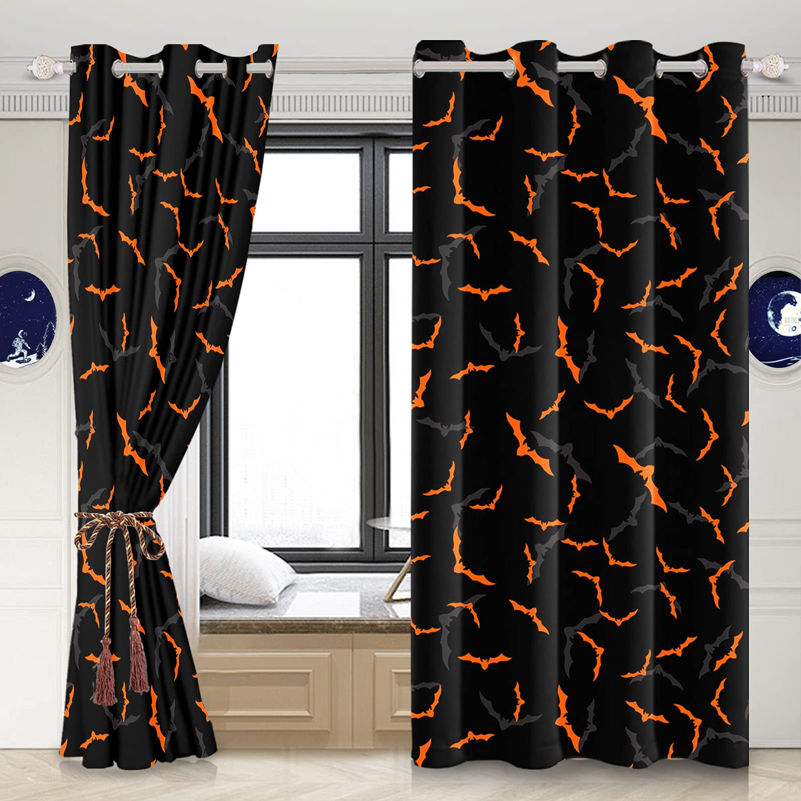Yeele Halloween Blackout Curtains - Scary Orange Bats on Black Backdrop, Horror Grommet Window Drapes for Bedroom (2 Panels, 42x84 Inches, Polyester) - Perfect for Spooky Decor & Light Blocking