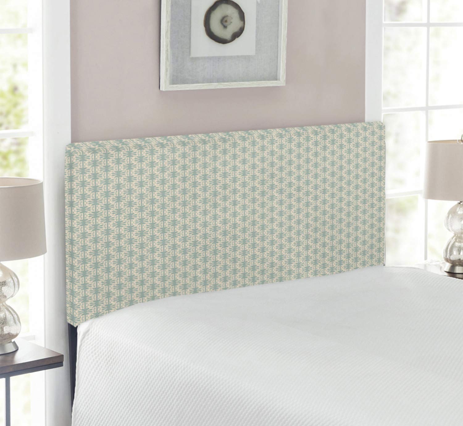 Ambesonne Victorian Style Upholstered Metal Headboard - Twin Size with Memory Foam, Sage Green & Beige | Antique Weathered Look with Geometric Floral Stripes | Perfect for Bedroom Decor & Guest Room Styling