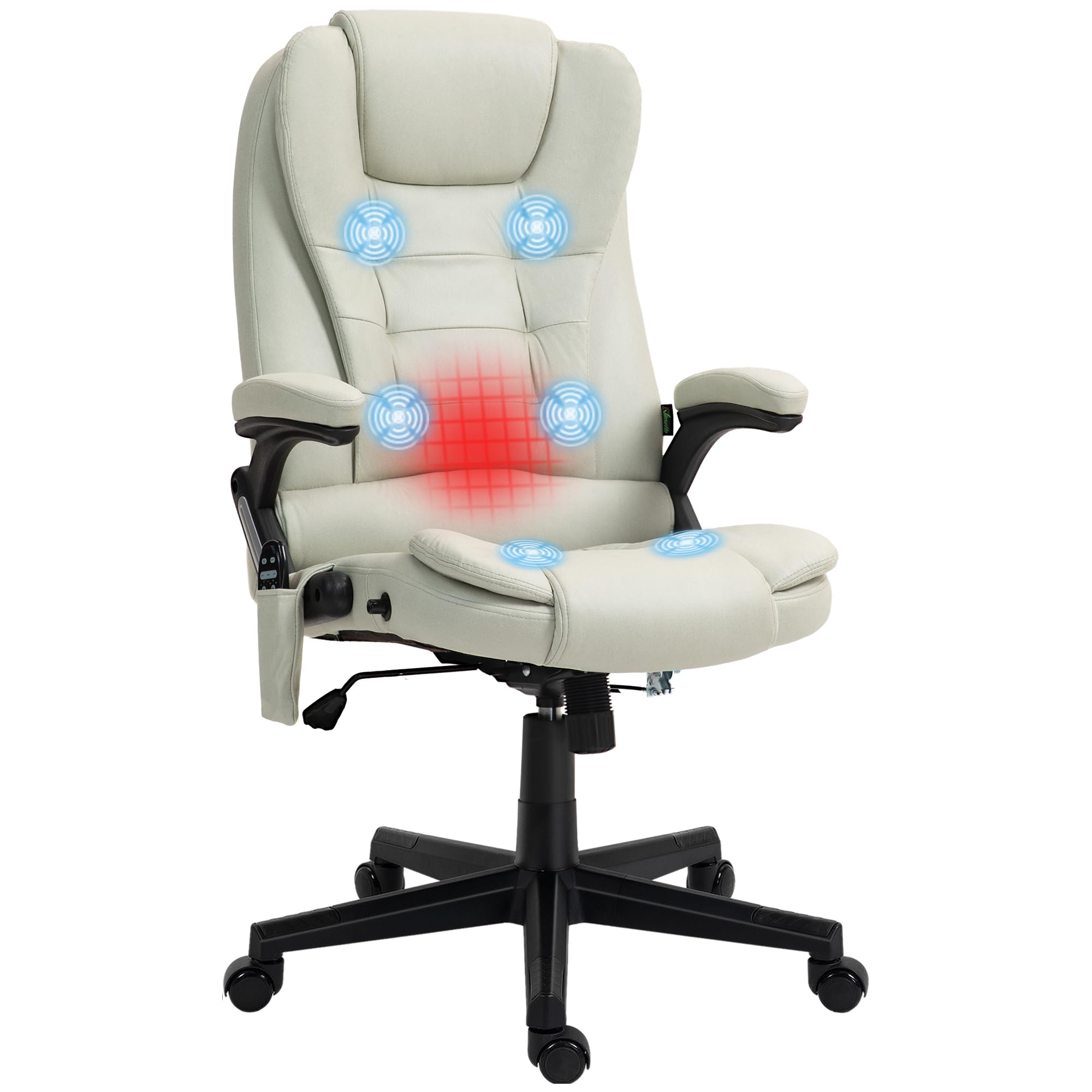 HOMCOM 6-Point Vibrating Massage Office Chair with Heating - High Back Executive Chair, Reclining Backrest & Padded Armrests - Remote Control - Beige Microfiber - Perfect for Home Office, Gaming & Relaxation
