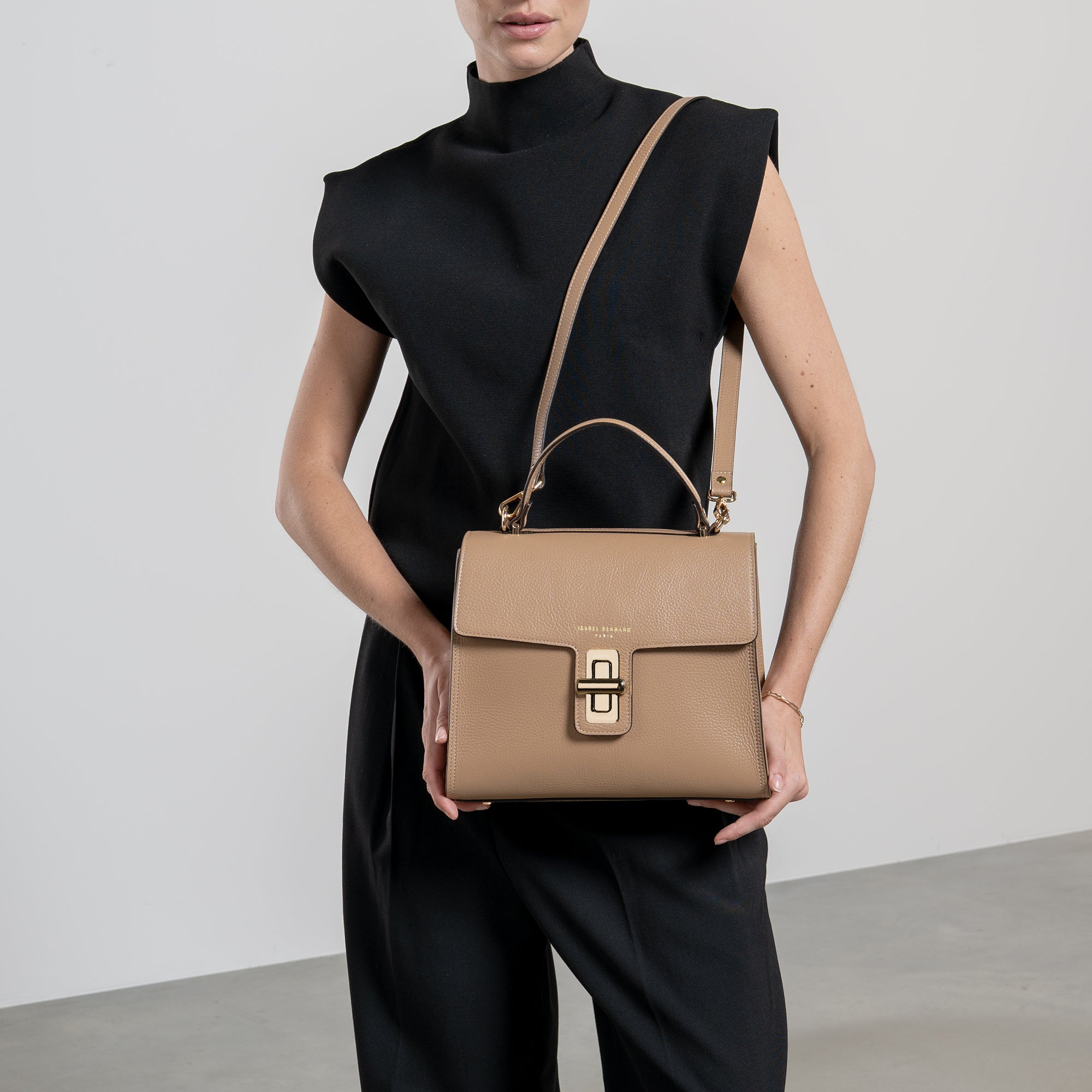 Femme Forte Simone Midi Handbag - Genuine Beige Calfskin Leather Crossbody Purse for Women | Perfect for Work, Travel & Everyday Use