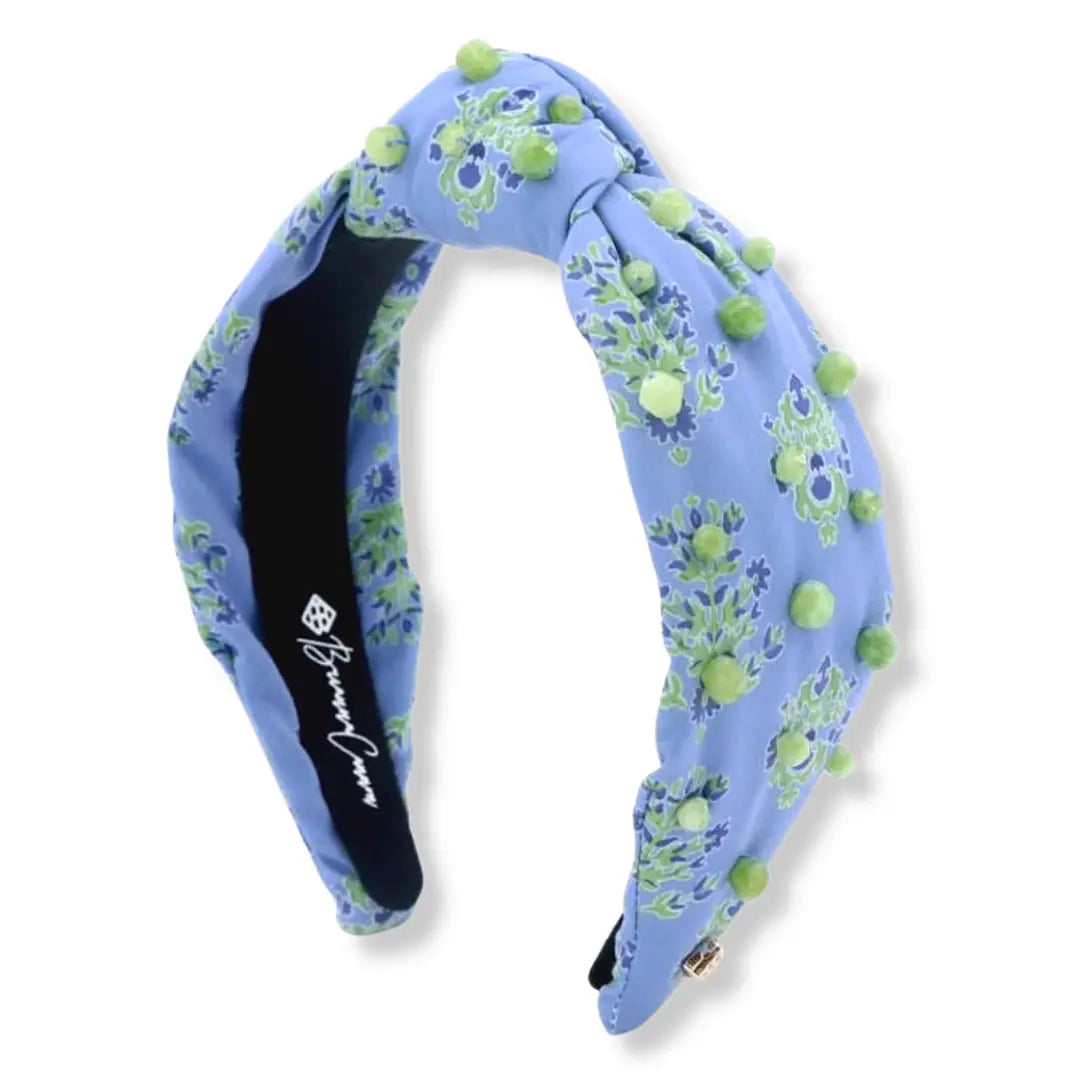 Cornflower Blue and Green Block Print Headband – Handmade Boho Hair Accessory by Brianna Cannon – Perfect for Yoga, Festivals, and Everyday Wear