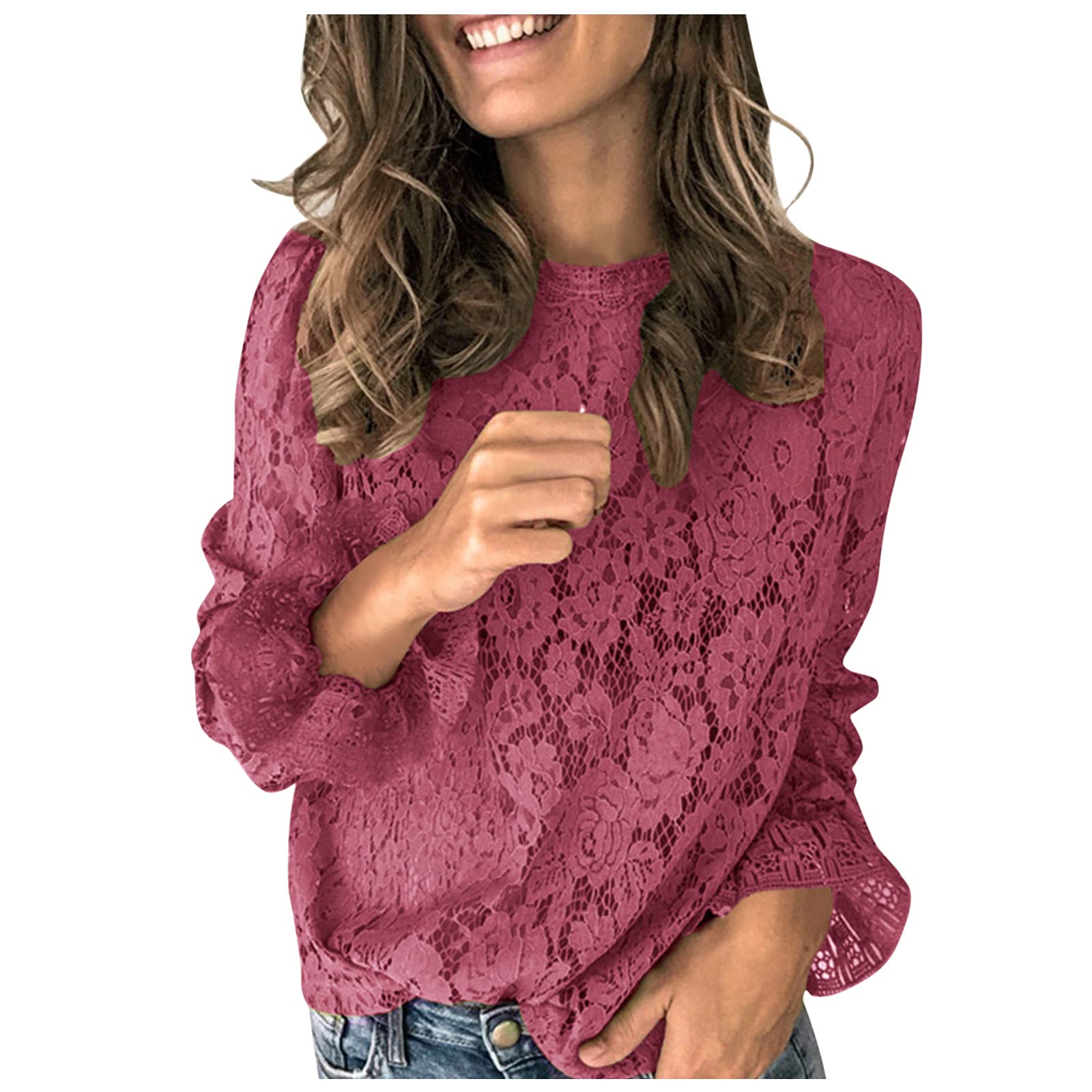 Women's Casual Lace Crochet Crew Neck Long Sleeve Blouse - Boho Chic Tunic Top for Spring & Summer - Perfect for Office, Date Night & Weekend Outings