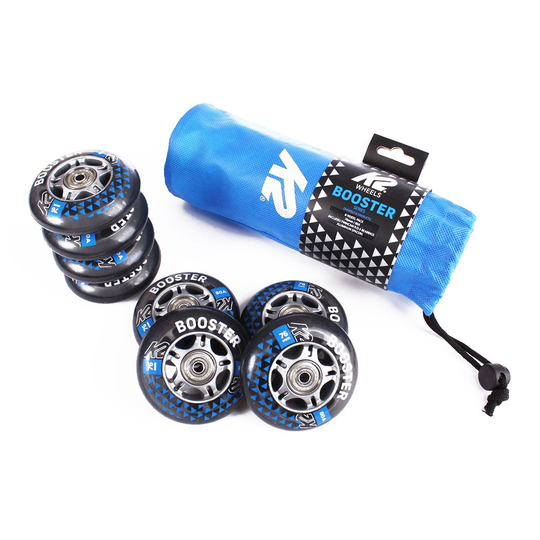 K2 Booster 76mm 80a 8pk Skateboard Wheels with ILQ5 Bearings - Perfect for Longboard Cruising, Downhill Riding & Street Skating