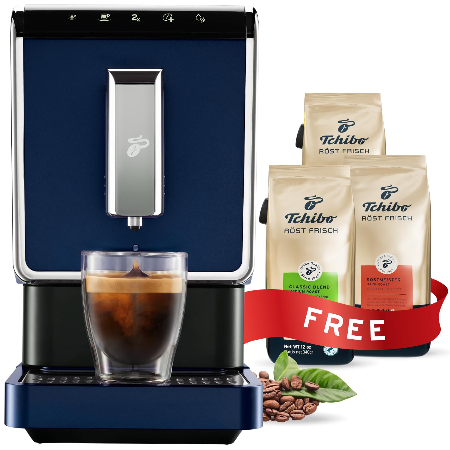 Tchibo Automatic Espresso Coffee Machine with Built-in Grinder - Includes 3 Bags of Whole Bean Coffee (12 oz Each) - Perfect for Home, Office & Cafe Use - Blue