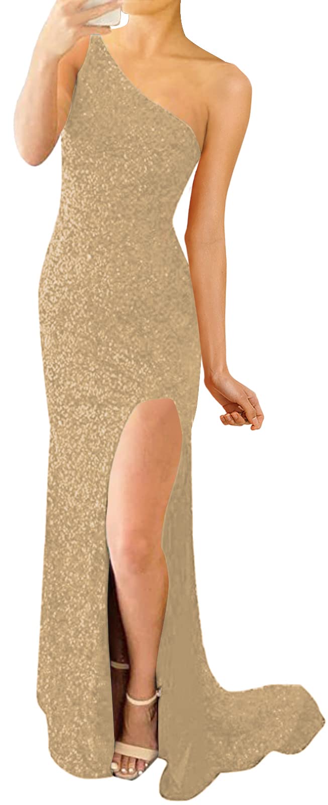 Elegant Sequin Long Prom Dress - One Shoulder Backless Formal Evening Gown with High Slit | Perfect for Wedding Guest, Homecoming, and Special Occasions