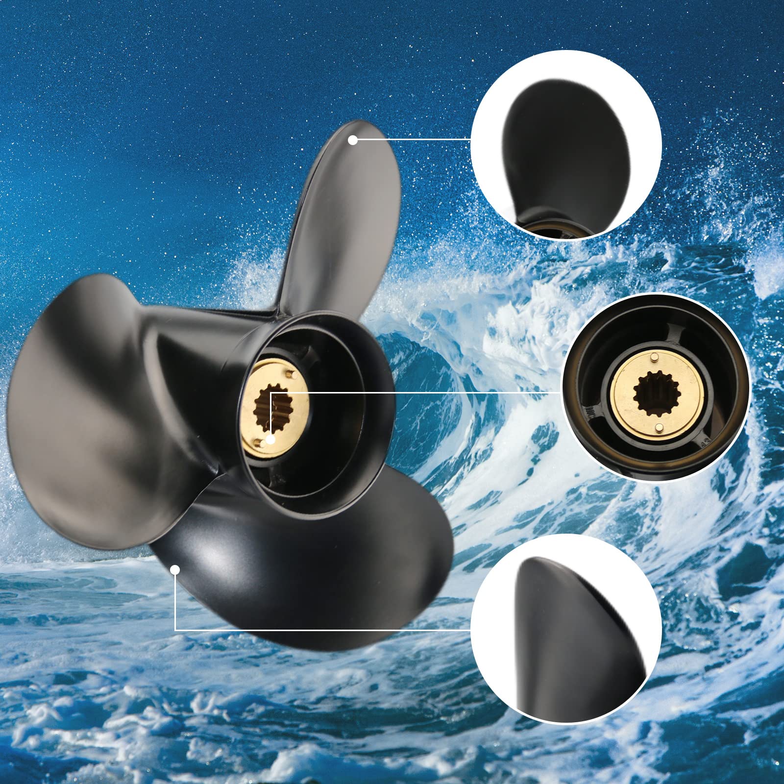 Jetman Aluminum Boat Propeller 3-Blade 13 Spline RH - Compatible with Mercury Outboard Engines 25HP-70HP (25HP/35HP/45HP/50HP/55HP/60HP/70HP) - Perfect for Fishing, Boating & Water Sports