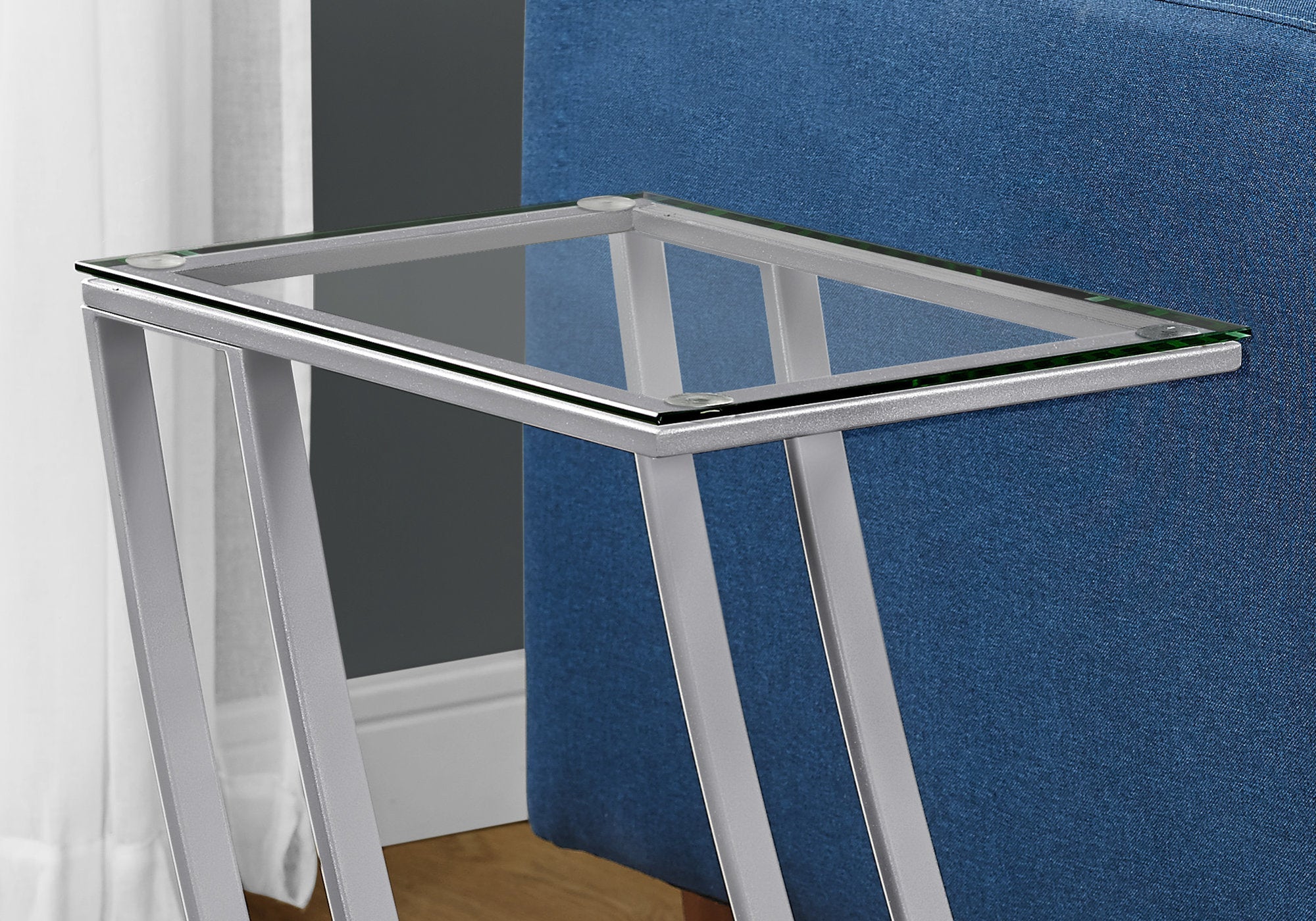 Modern Silver Metal Accent Table with Tempered Glass Top - Perfect for Living Room, Bedroom, or Office Decor