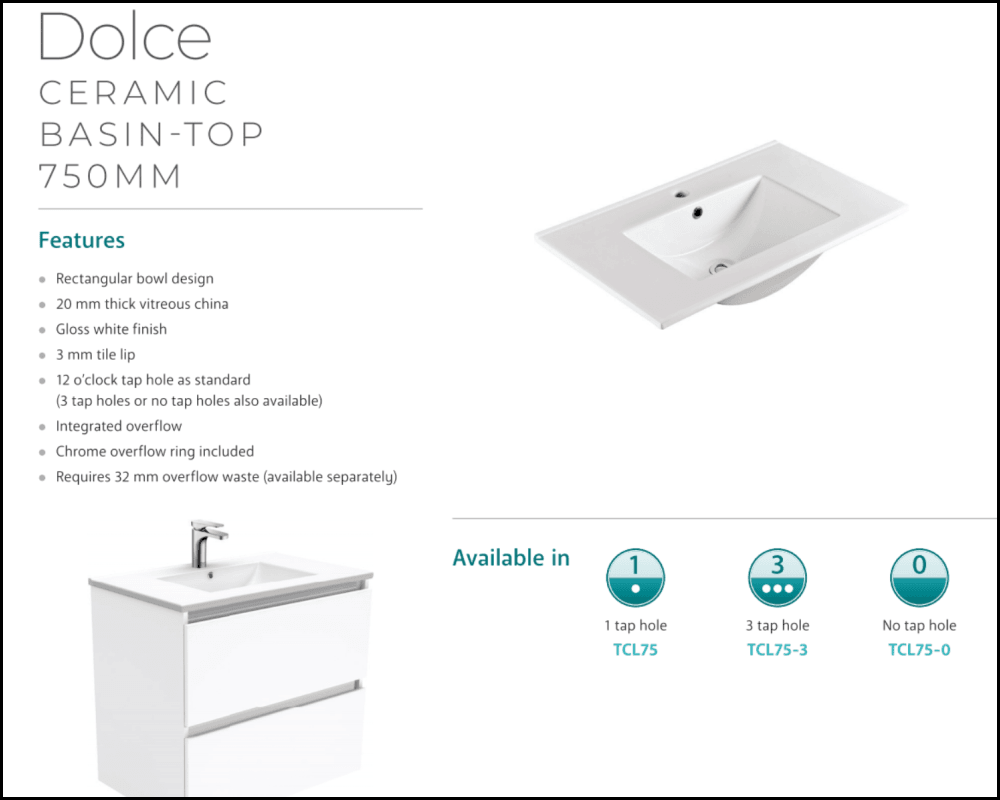 Fienza Dolce TCL75ZKR 30-Inch Matte White Bathroom Vanity with Fingerpull Drawers and Kickboard - Modern Right-Hand Storage for Small Bathrooms & Powder Rooms