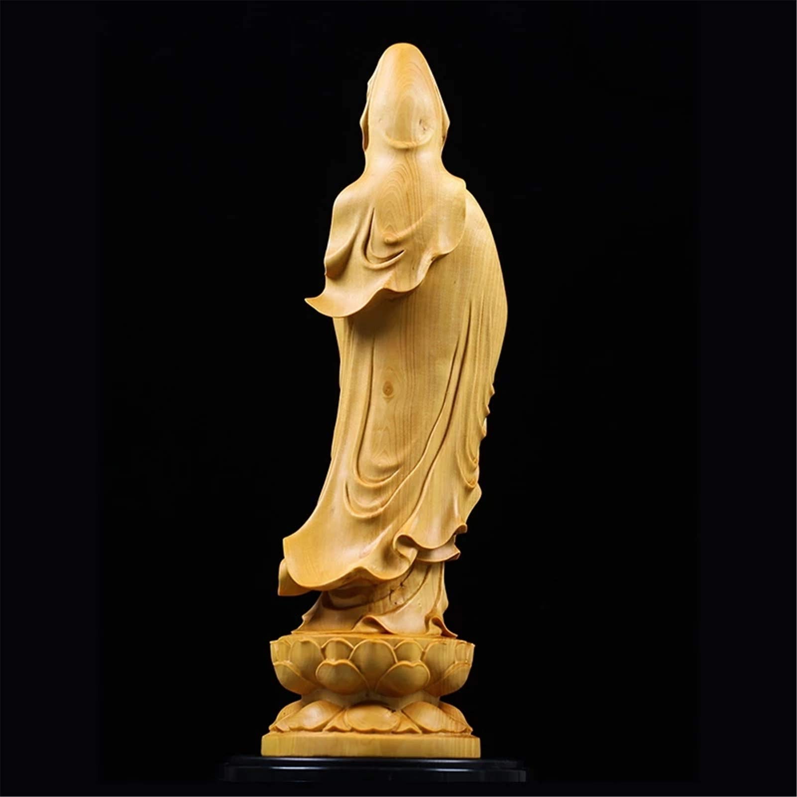 LILOVE 22cm Chinese Solid Wood Guanyin Buddha Statue - Handcrafted Wooden Buddhist Sculpture for Home Altar, Office Desk Decor & Meditation Space - Feng Shui Gift & Spiritual Decor