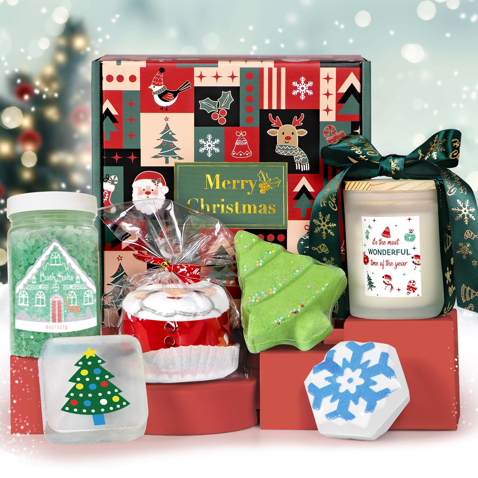Christmas Spa Gifts for Women - Luxury Candle, Bath Bombs, Bath Salt & Soap Gift Set for Mom, Sister, Wife & Friend | Holiday Relaxation & Self-Care Gifts | Perfect for Home Spa Nights & Thoughtful Christmas Presents