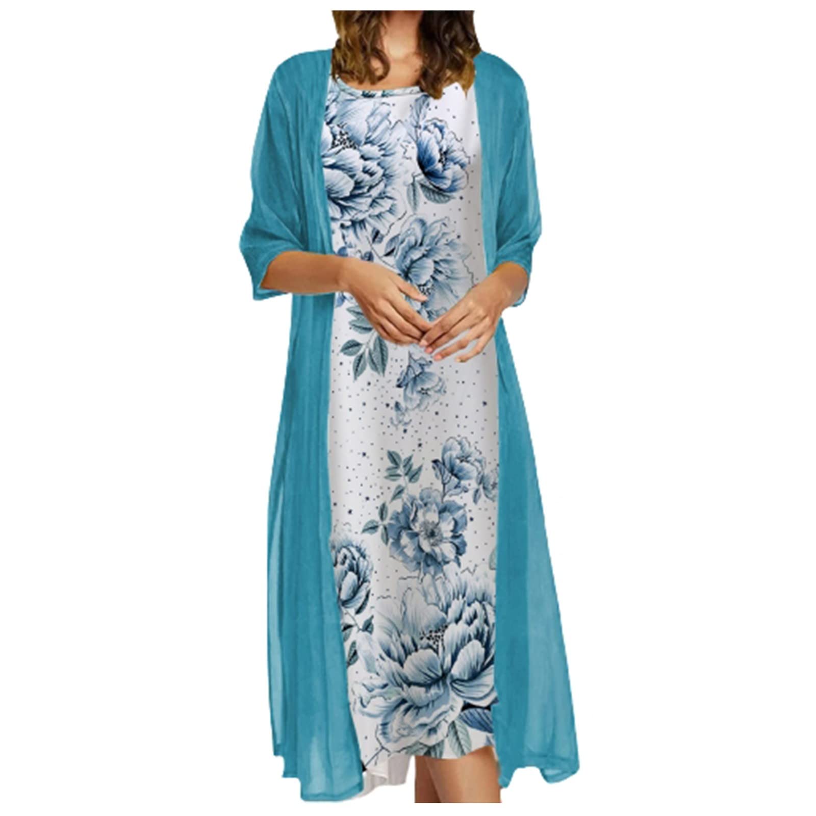 Women's Summer Dresses 2022 - Floral Print Casual Sleeveless Round Neck Maxi Dress & Solid Coat 2 Piece Set | Beach Vacation, Garden Party, Date Night Outfits