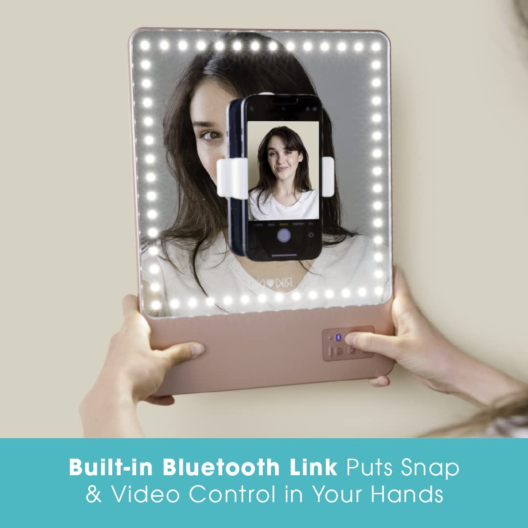 Glamcor Riki Skinny Smart Vanity Mirror with HD LEDs - 10X Magnifying Mirror Attachment, Phone Holder & Bluetooth Control (Rose Gold) | Perfect for Makeup, Skincare & Hair Styling at Home or Salon