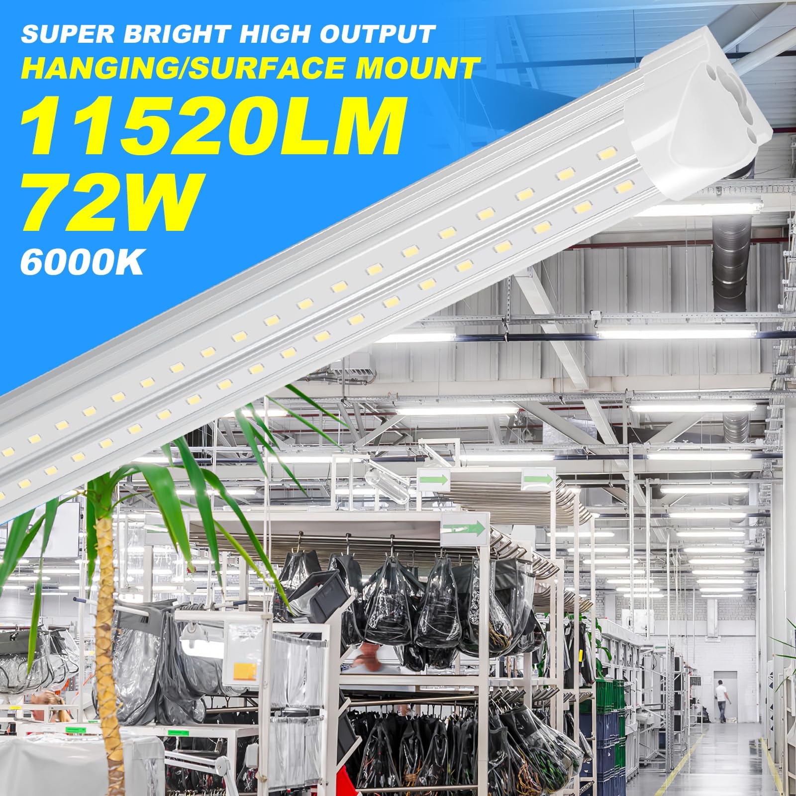 8FT LED Shop Light 10 Pack - 6000K Daylight White, 72W 11520LM Super Bright T8 LED Tube Lights, Plug & Play, Hanging/Surface Mount, Linkable for Garage, Warehouse & Workshop Lighting - Energy Efficient Commercial & Industrial Ceiling Lights