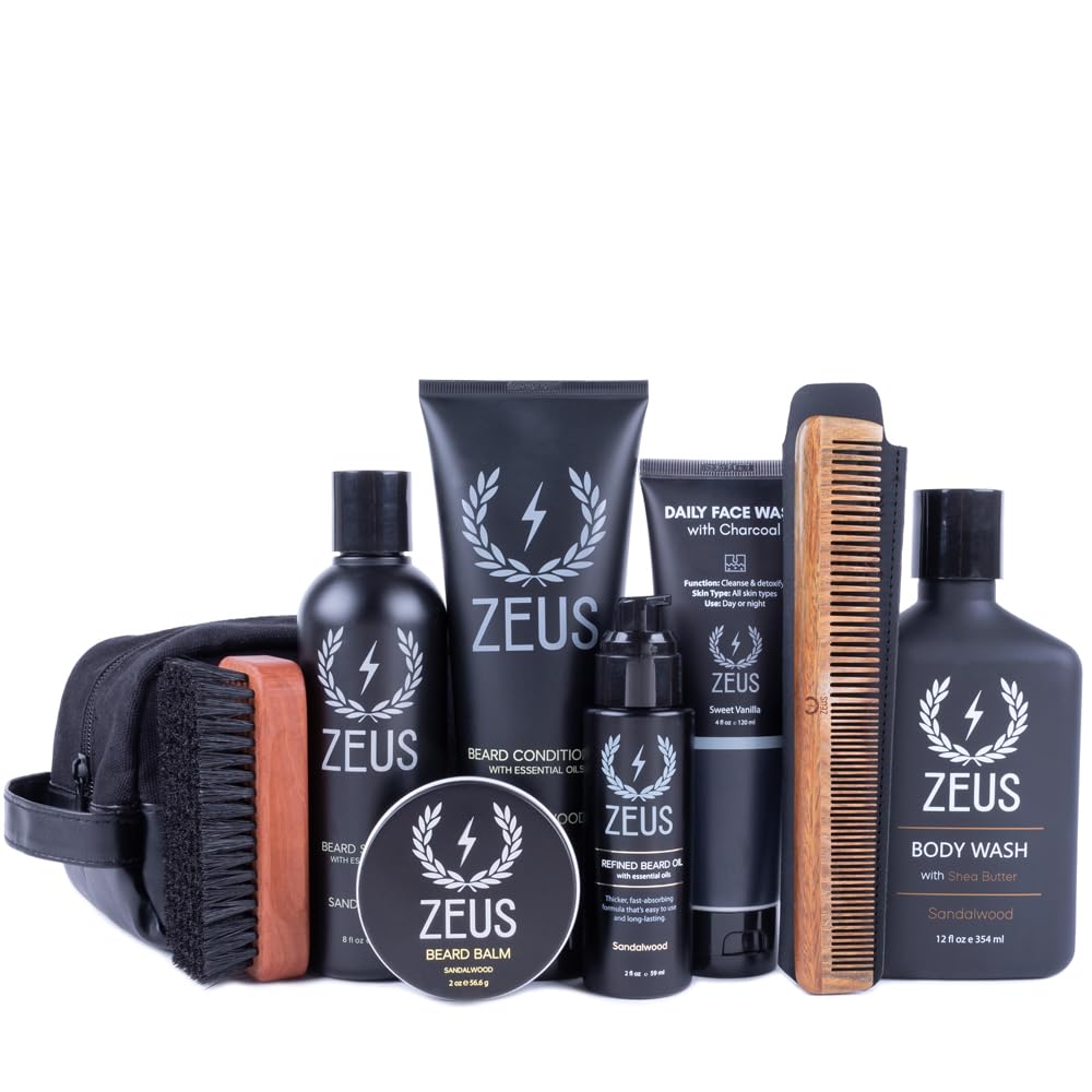 Premium ZEUS Ultimate Beard & Body Care Kit for Men - Complete Grooming Set with Sandalwood Scent | Perfect Gift for Father's Day, Birthday & Self-Care Routine