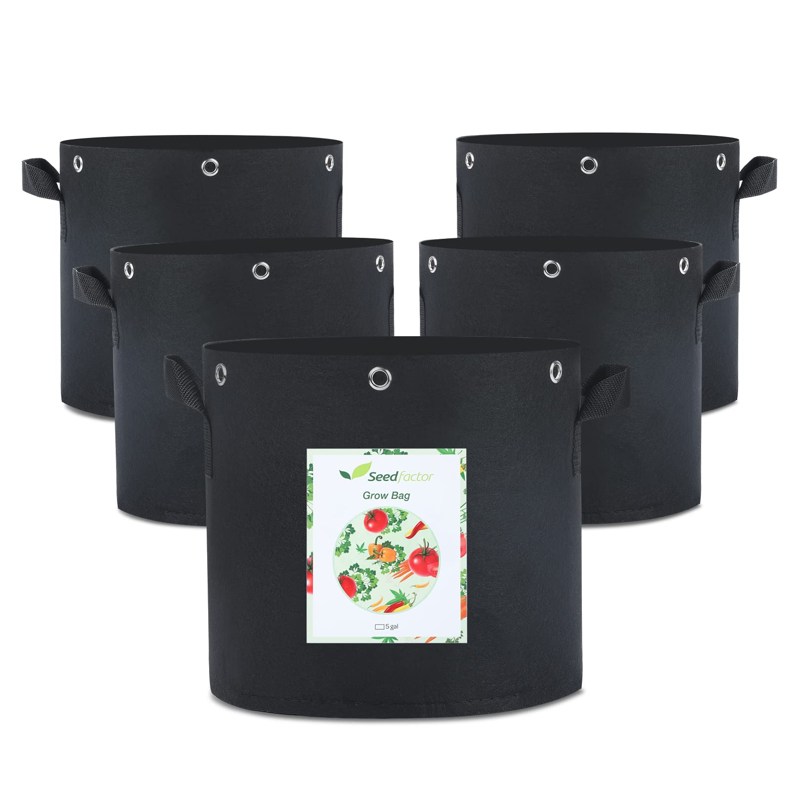 Seedfactor 5-Pack 5 Gallon Plant Grow Bags - Heavy Duty Thick Nonwoven Fabric Pots with Multi-Purpose Rings for Low Stress Training - Ideal for Growing Fruits, Vegetables & Flowers in Home Gardens, Greenhouses & Urban Farming