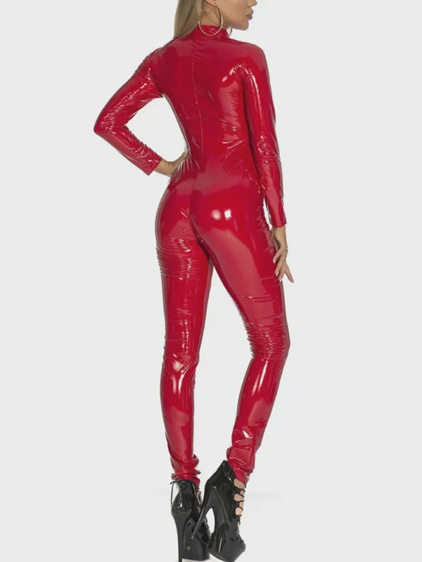 ZASUWA Women's Faux Leather Jumpsuit with Zipper - Glossy PU Material for Party, Night Out & Fashion Events