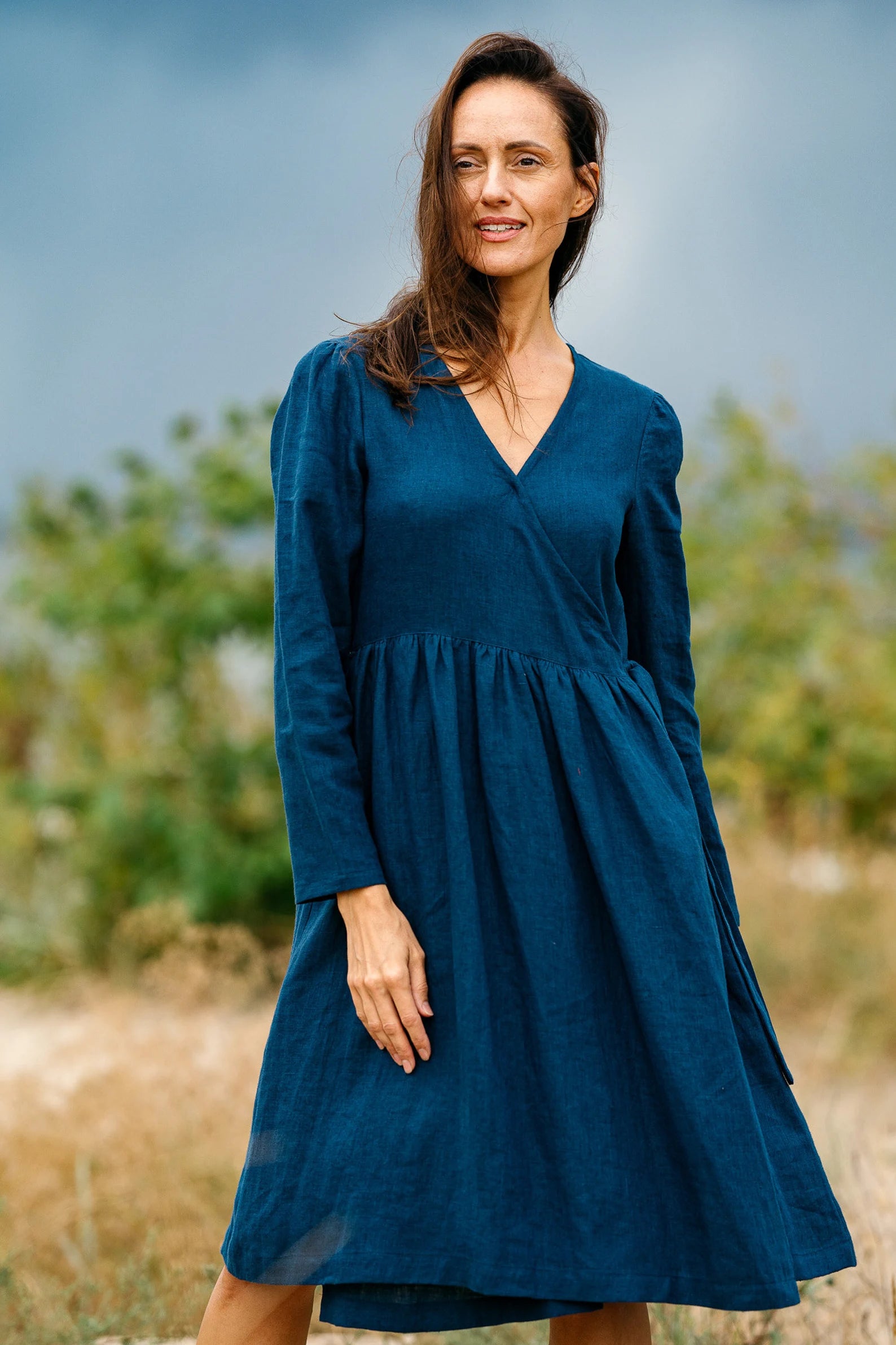 Wrap Linen V-Neck Dress - Venice Style Summer Beach Cover Up & Casual Day Outfit