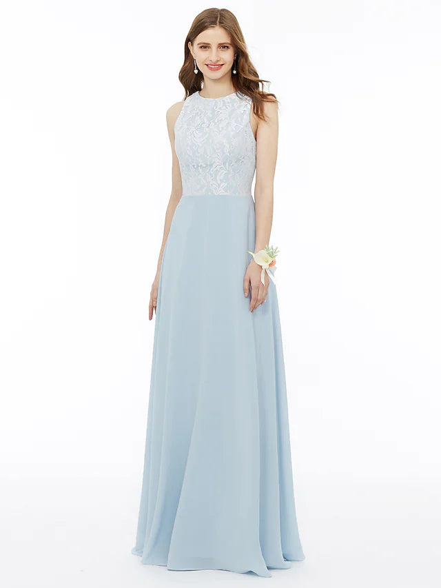 Elegant A-Line Bridesmaid Dress with Jewel Neckline, Sleeveless Floor-Length Chiffon & Metallic Lace - Pleated Draping & Appliques for Weddings, Formal Events & Special Occasions