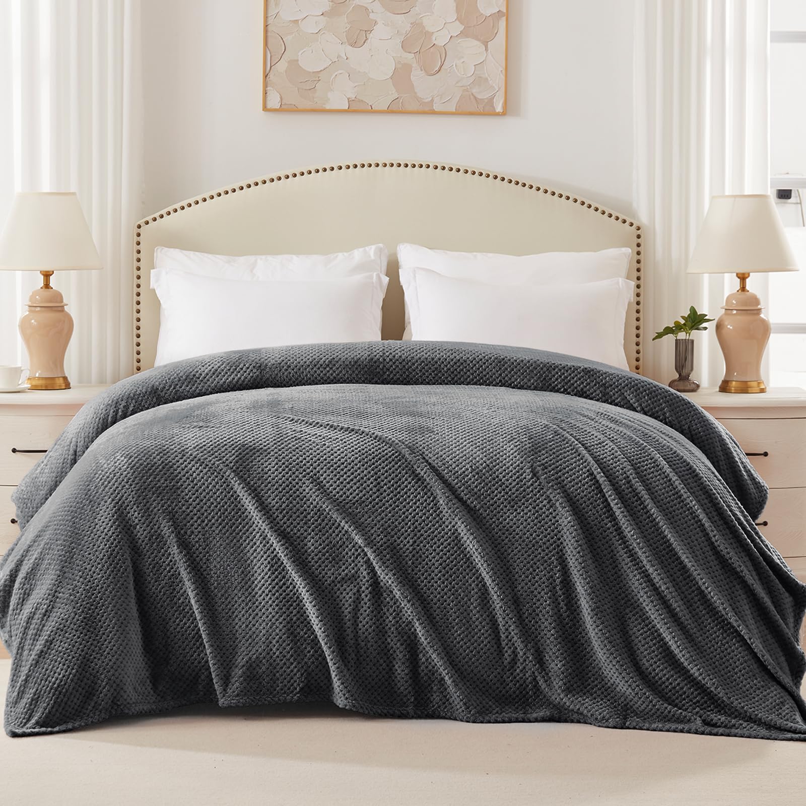 Premium Queen Size Fleece Blend Bed Blanket - Ultra Soft & Warm Waffle Textured Throw for Couch, Sofa & Bed - Cozy, Fuzzy & Lightweight (Dark Grey, 90x90 Inches) - Perfect for Winter Nights, Movie Time & Guest Room Comfort