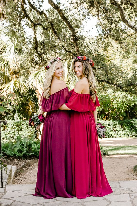 Elegant Long Off the Shoulder Burgundy Chiffon Boho Bridesmaid Dresses for Weddings & Special Occasions - Flowy & Comfortable