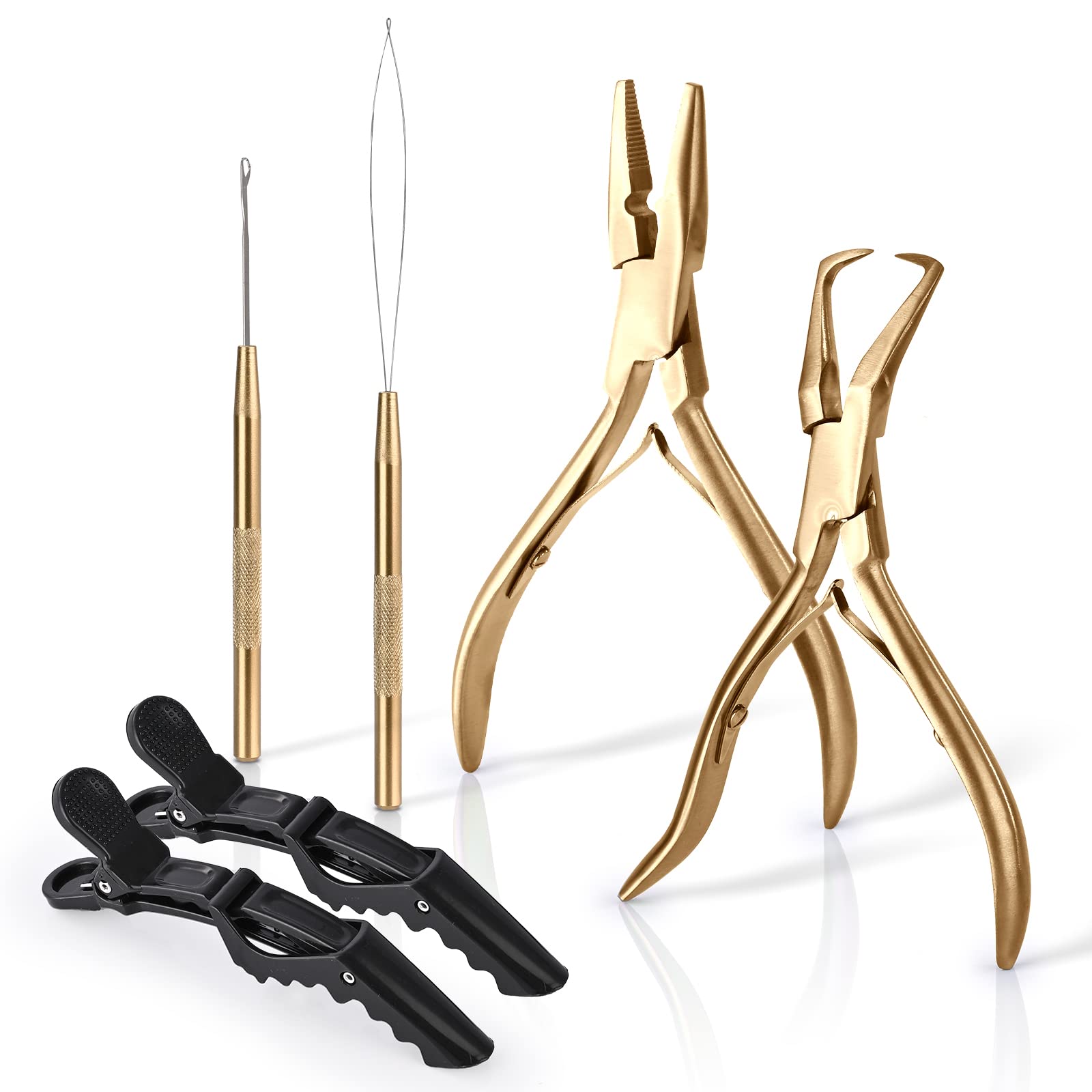 **EHDIS Professional Hair Extension Beading Tool Kit - Stainless Steel Micro Link Bead Closer & Remover Pliers Set with Hair Pulling Hook & Micro Ring Loop Tool (Gold) - Perfect for Salon Styling & DIY Hair Extensions**