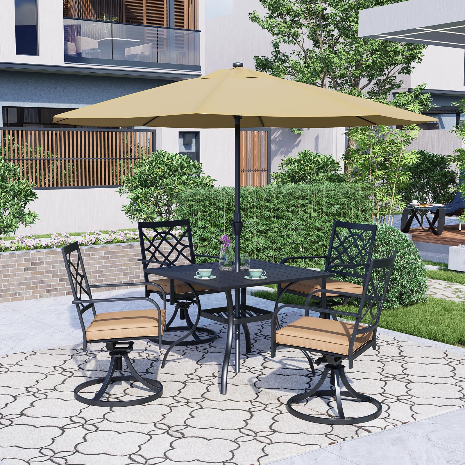 SUNCROWN 5-Piece Outdoor Dining Set with Swivel Cushioned Chairs, Steel Slat Bistro Table & 9Ft Brown Patio Umbrella - Patio Furniture for Backyard, Garden, Lawn, Poolside & Outdoor Entertaining