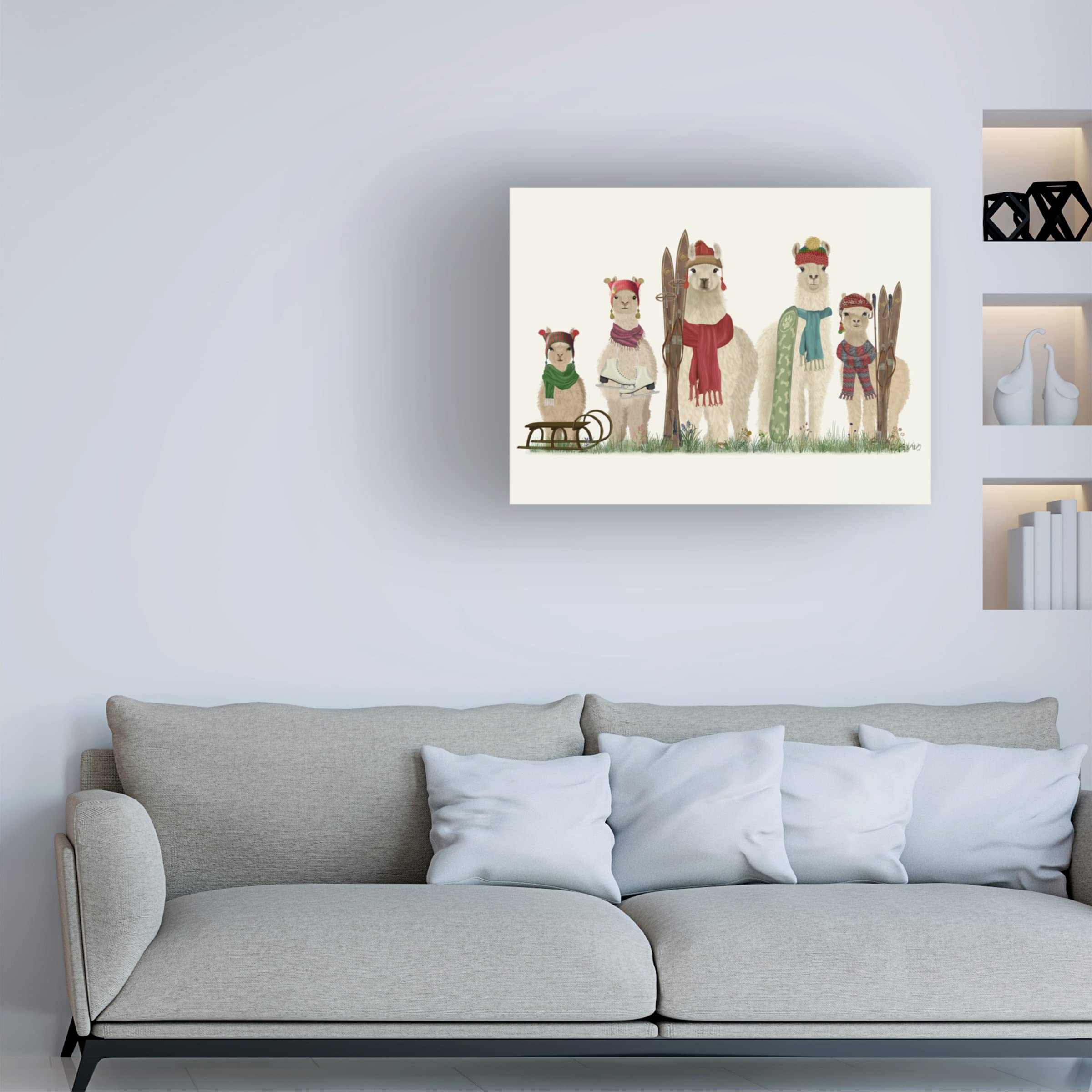 Fab Funky 'Llama Family Winter Sports' Canvas Wall Art Print - Perfect for Nursery, Kids Room Decor & Winter Themed Home Decor