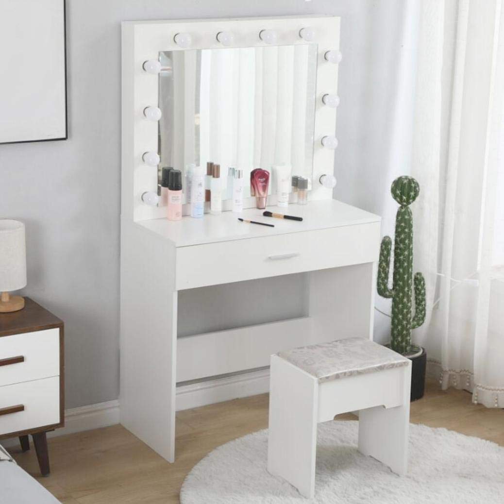 YADEOU Vanity Set with Lighted Mirror - 12 Cool LED Bulbs, Makeup Dressing Table with Large Drawer & Cushioned Stool, Easy Assembly, White - Perfect Gift for Women, Mothers Day, Bridal Shower & Bedroom Decor