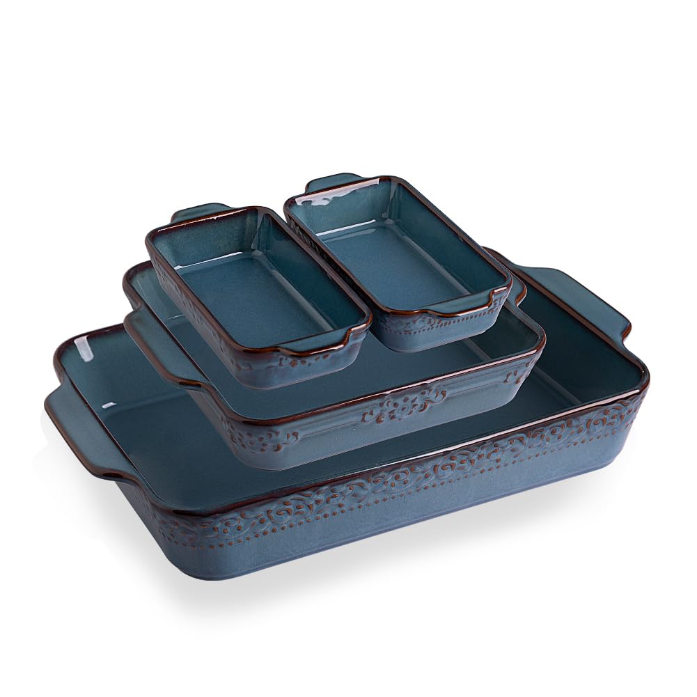 Sweejar 4-Piece Ceramic Casserole Dish Set - Oven Safe Rectangular Baking Pans with Handles for Lasagna, Gratin, Roasting, Baking & Serving - Perfect for Family Dinners, Holiday Meals & Everyday Cooking (Kiln-Change Blue)
