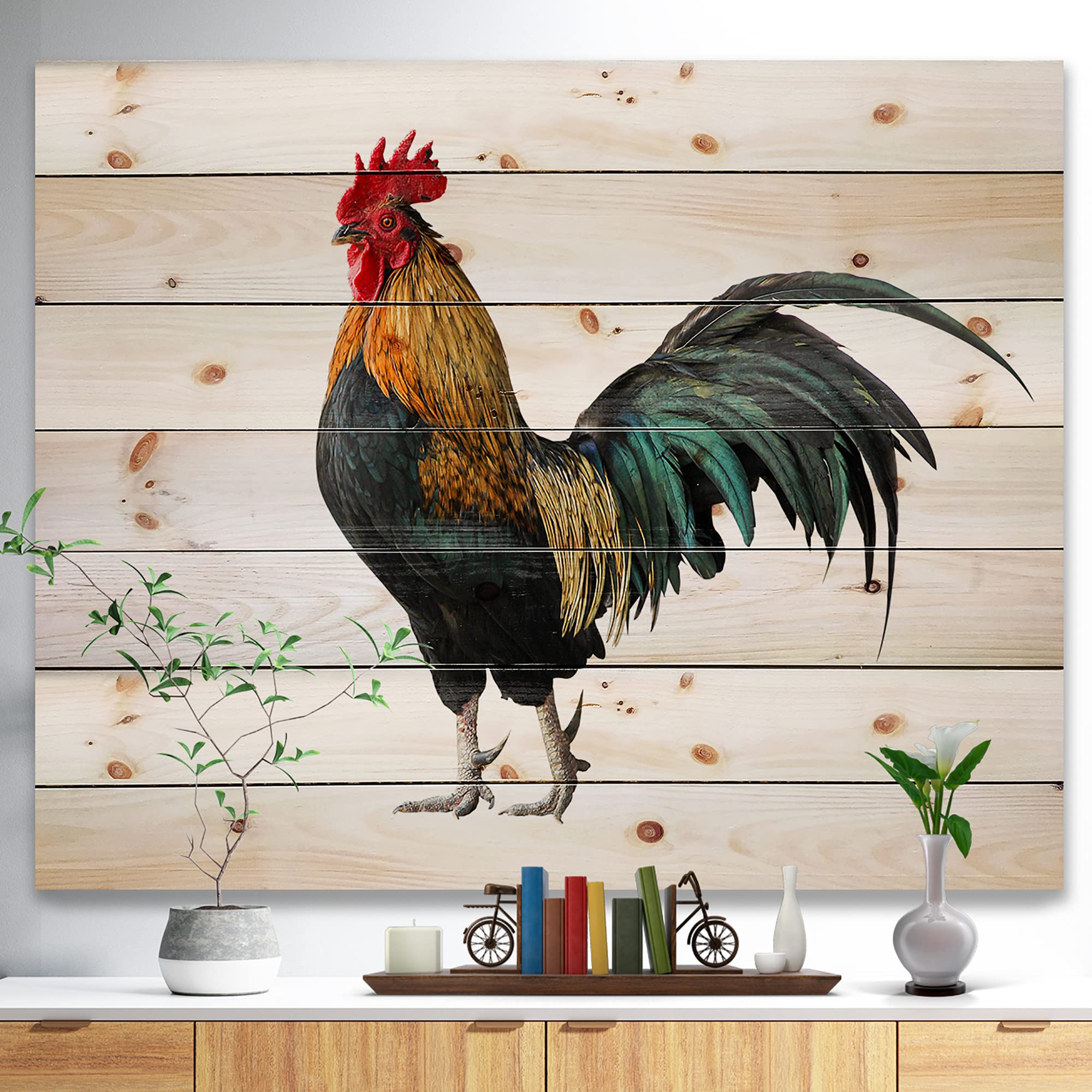 Chicken Rooster Traditional Wood Wall Decor - White Wood Wall Art for Farmhouse & Rustic Home Decor - Large Animal Wood Panels Printed on Natural Pine Wood - Perfect for Living Room, Kitchen & Country Style Interiors