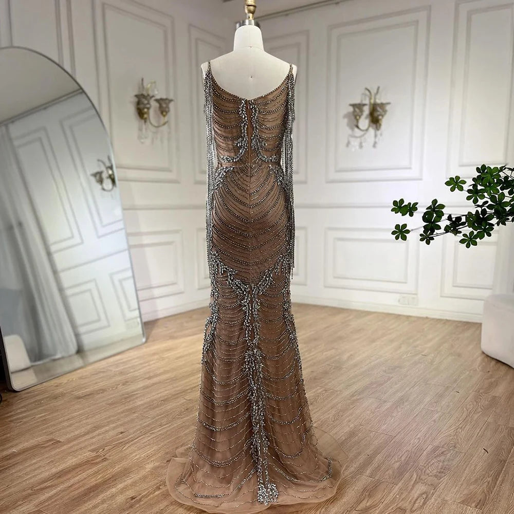 Luxury Crystal Tassel Evening Dress for Women - Dubai Caramel Wedding Prom Gown with Spaghetti Straps | Formal Party Dress LA72468 | Perfect for Weddings, Galas & Special Occasions