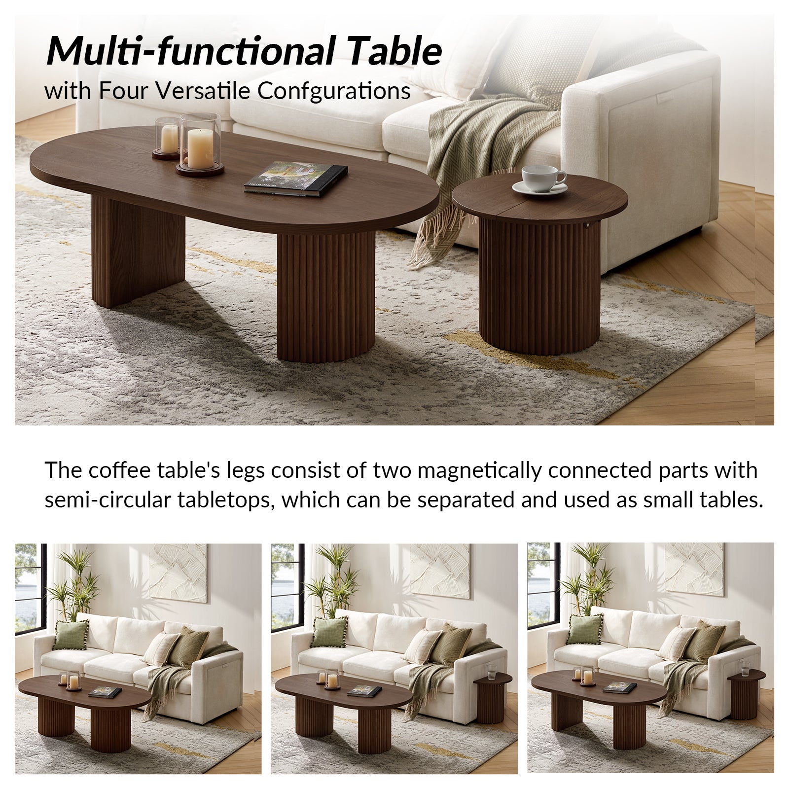 Laurenzo Adjustable Solid Wood Oval Coffee Table with Convertible Nesting Design - Modern Living Room Furniture for Small Spaces & Home Decor