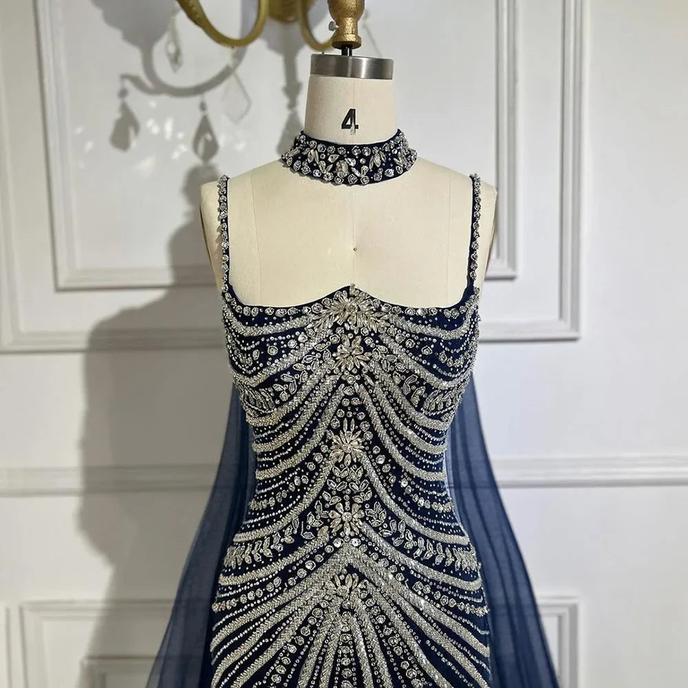 Serene Hill Blue Spaghetti Strap Long Mermaid Evening Gown with Beaded Lace-Up Detail - Elegant Formal Dress for Women's Wedding, Prom, Party & Special Occasions