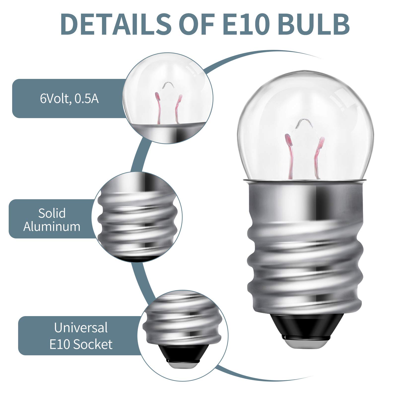 Honoson 20-Pack E10 Mini Light Bulbs 6V 0.5A - Tiny Screw Base Replacement Bulbs for Flashlights, Electrical Experiments & DIY Projects - Perfect for Science Kits, Model Lighting, and Emergency Tools