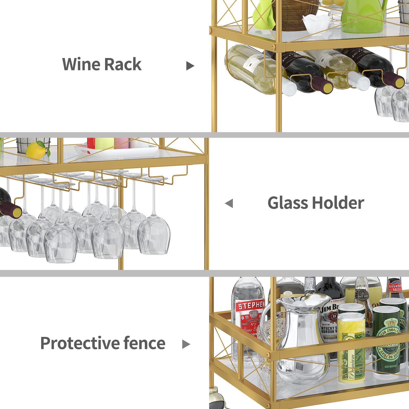 ASYA Gold Home Bar Serving Cart with Marble Shelves & Wine Rack - Modern Rolling Mini Bar Cart for Dining Room, Living Room, Home Bar - Perfect for Cocktail Parties, Wine Tasting & Home Entertaining